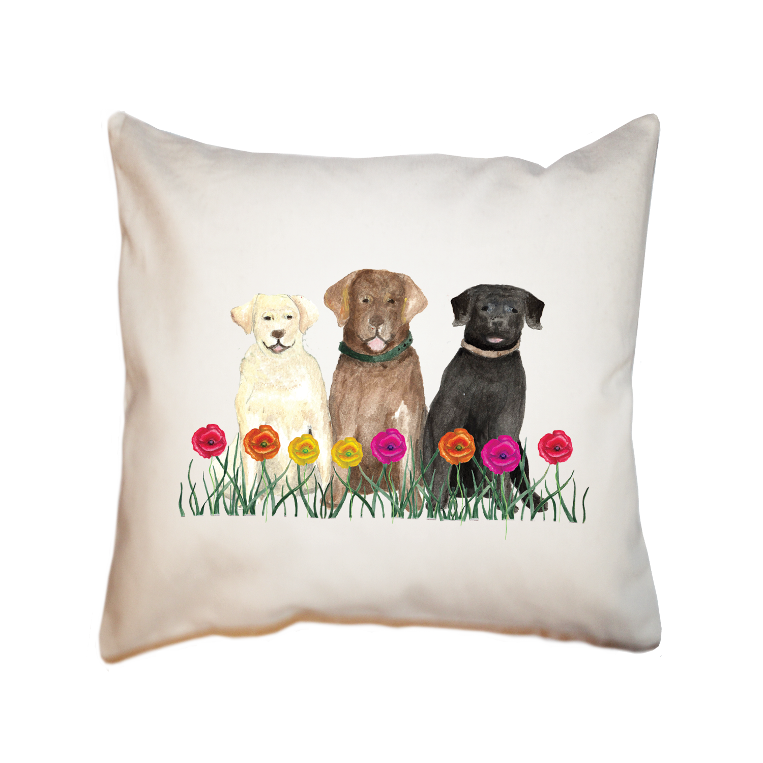 three labs flowers square pillow