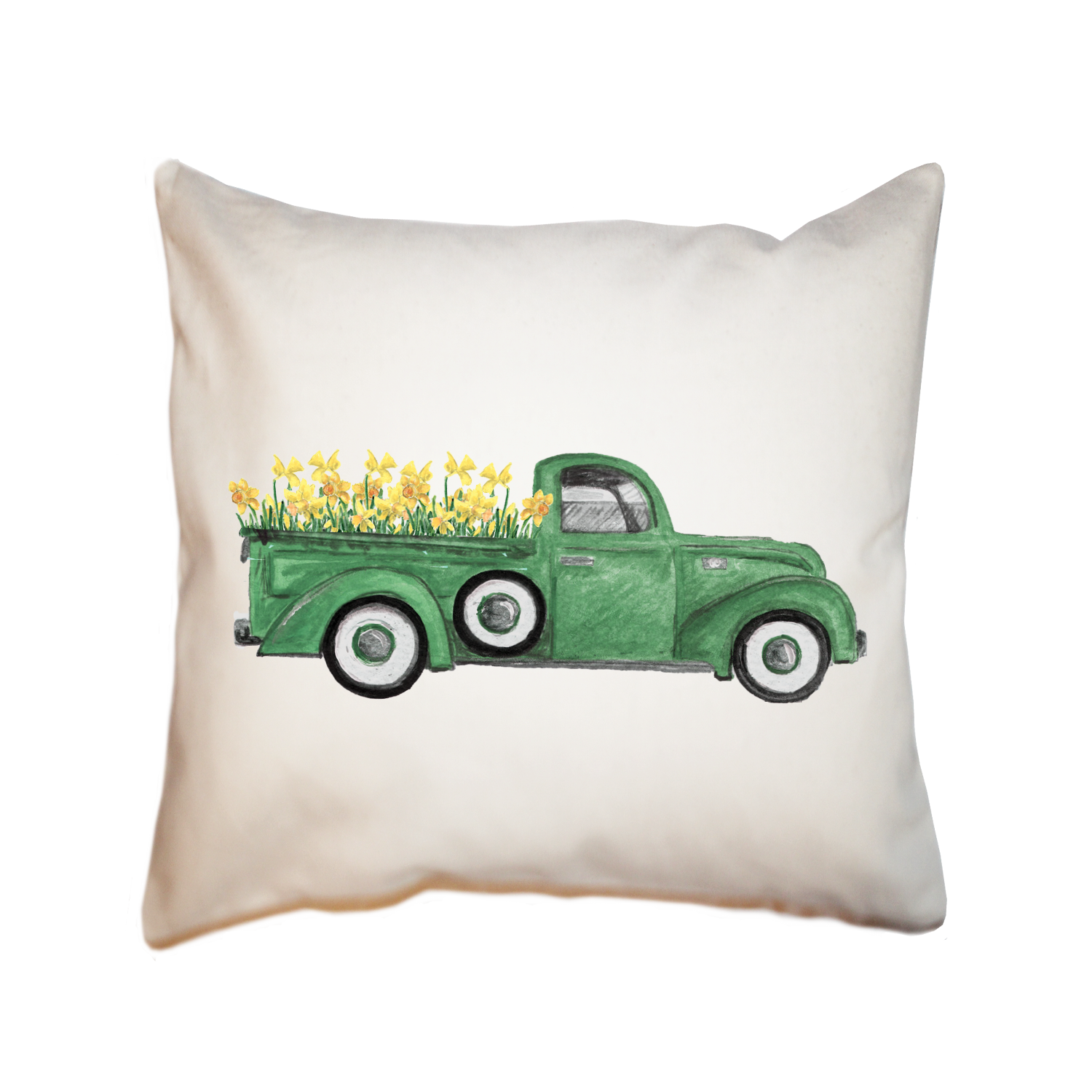 green truck with daffodils square pillow