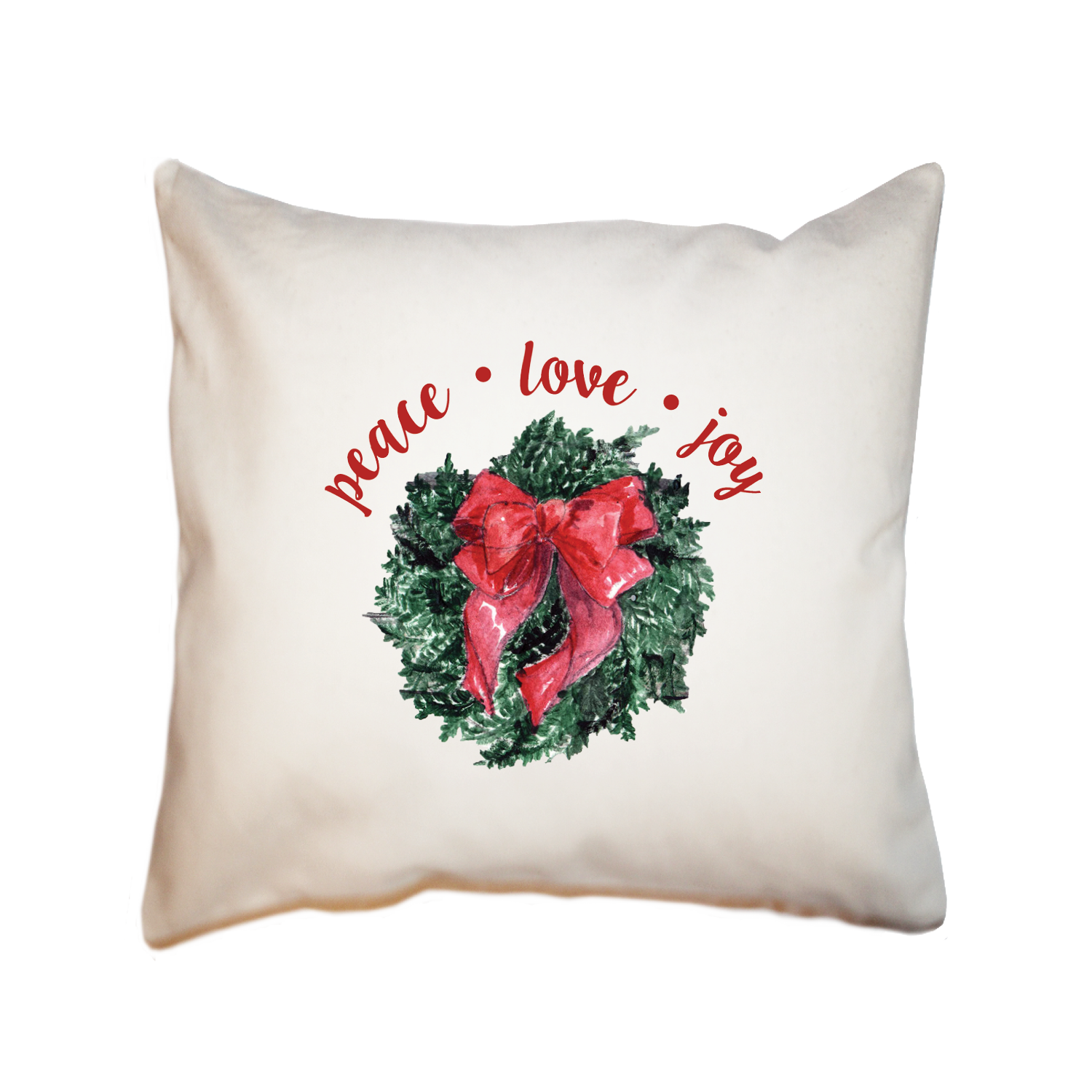 wreath with bow peace love joy italics square pillow