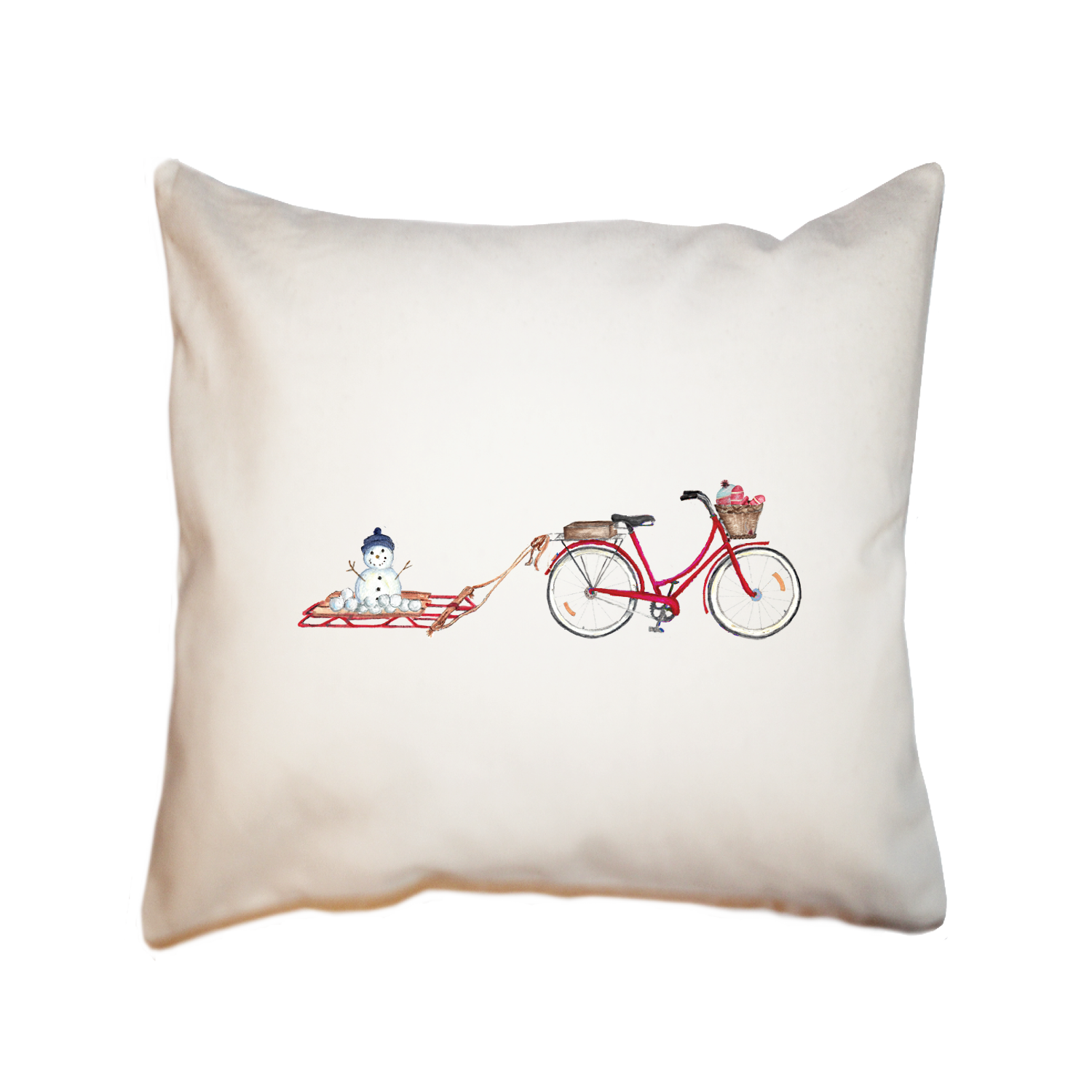 red bike with snowman on sled square pillow