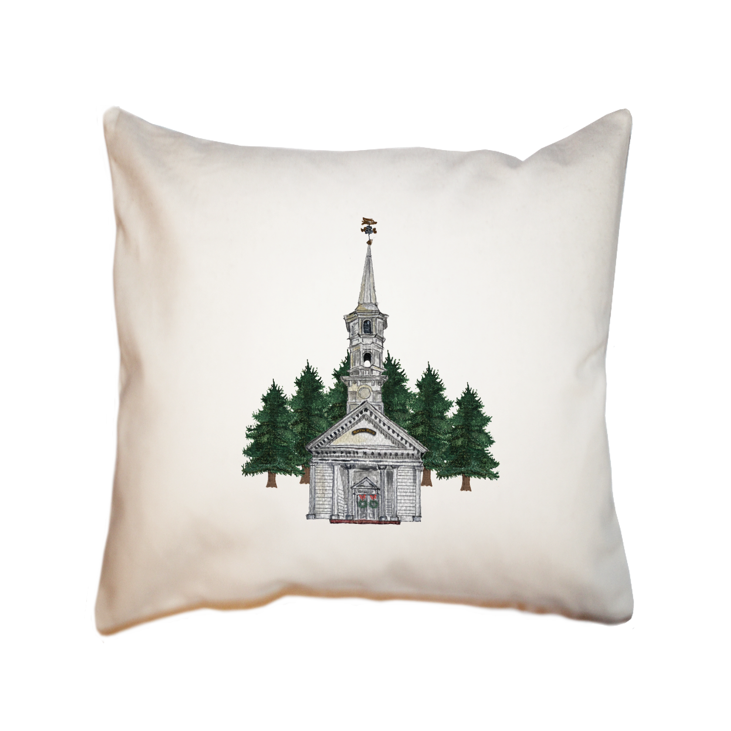 chapel with wreaths and trees square pillow