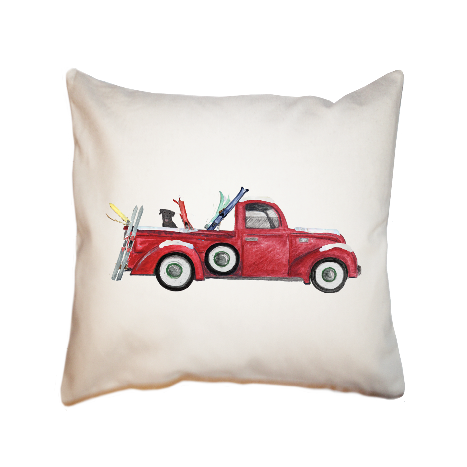red truck with skis square pillow