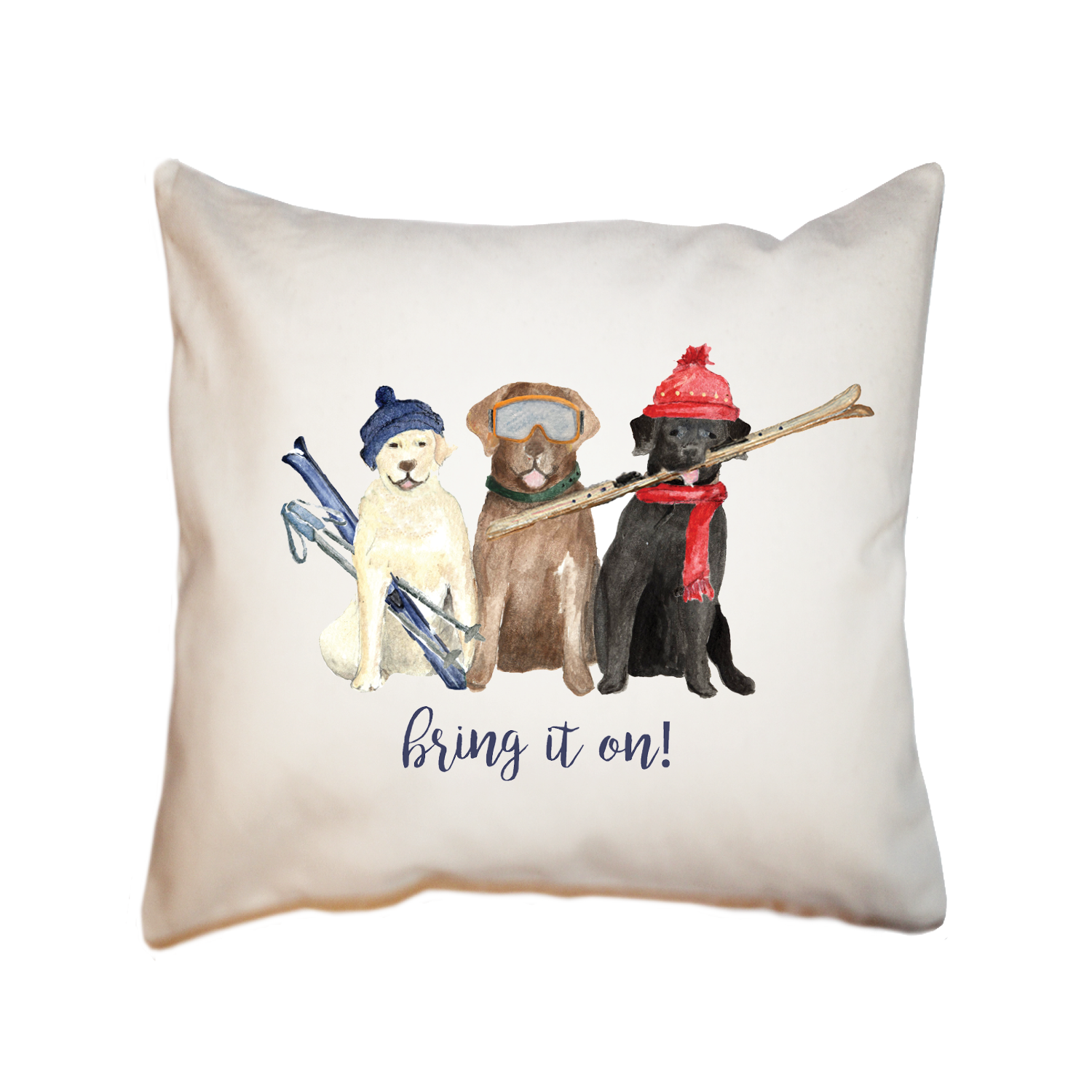 three labs skiing bring it on square pillow