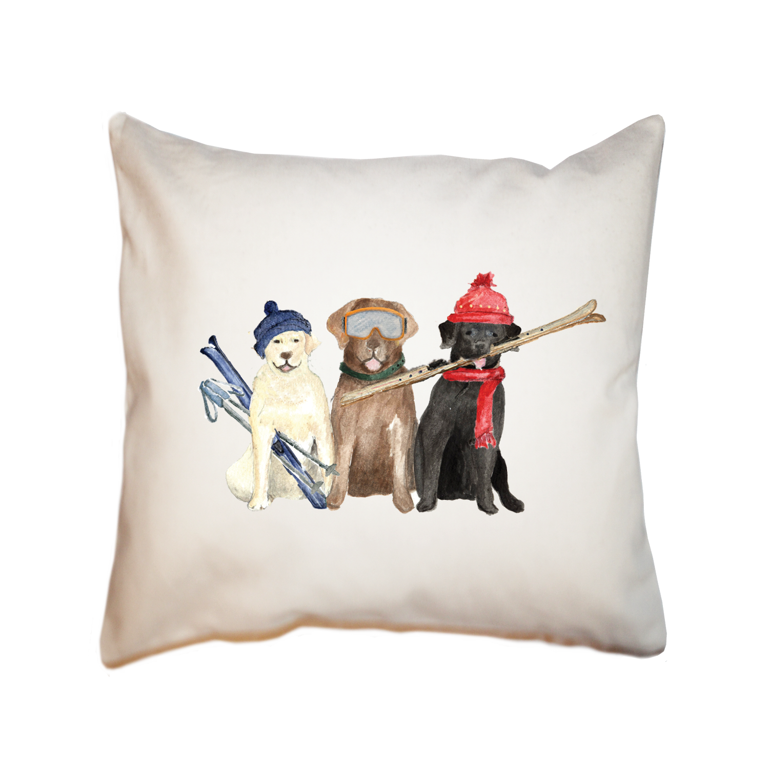 three labs skiing square pillow