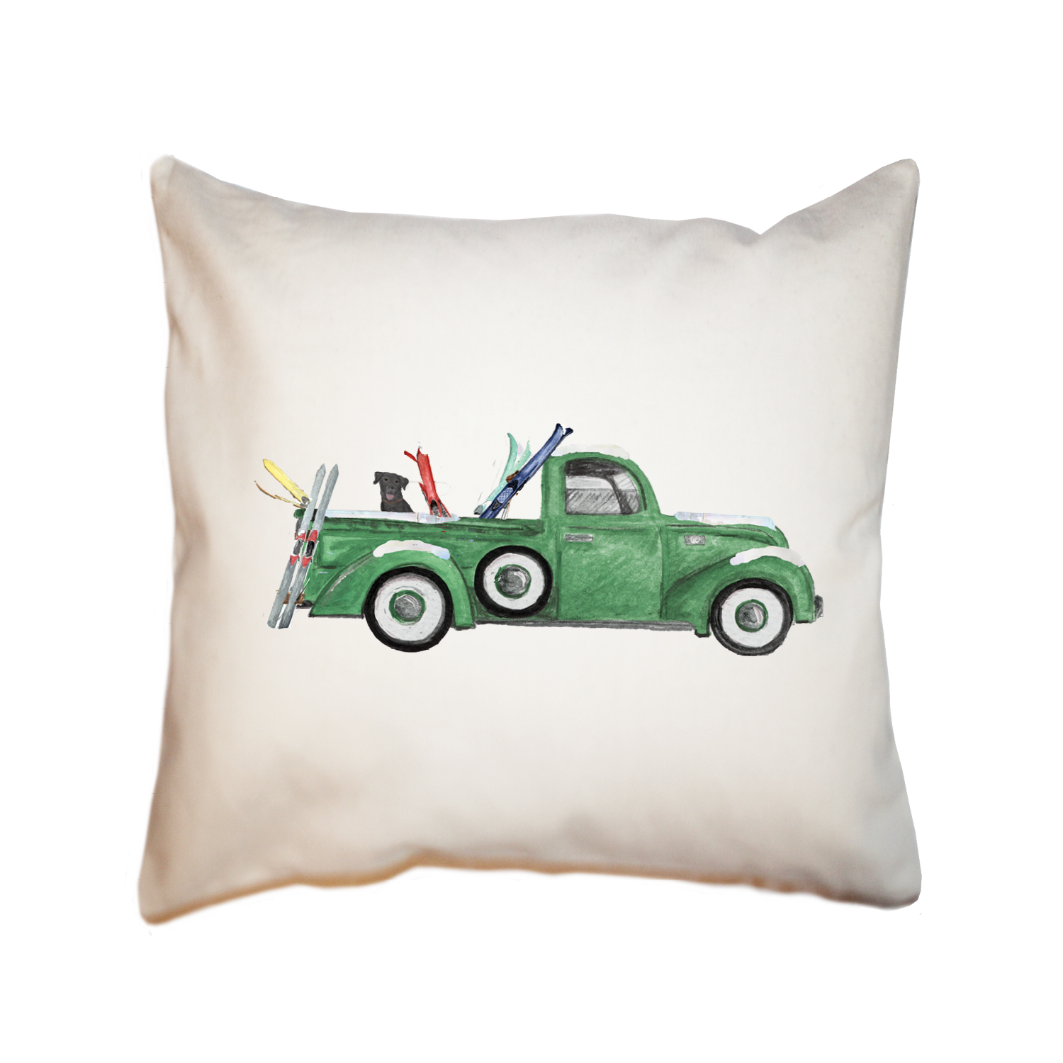 green truck with skis and lab square pillow