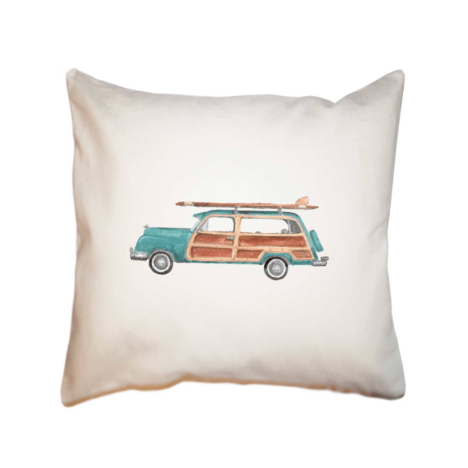 seafoam woody with surfboard square pillow