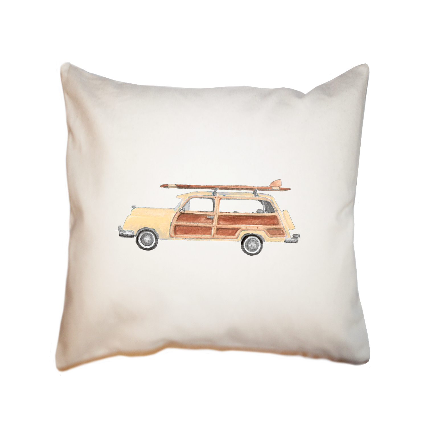 cream woody with surfboard square pillow