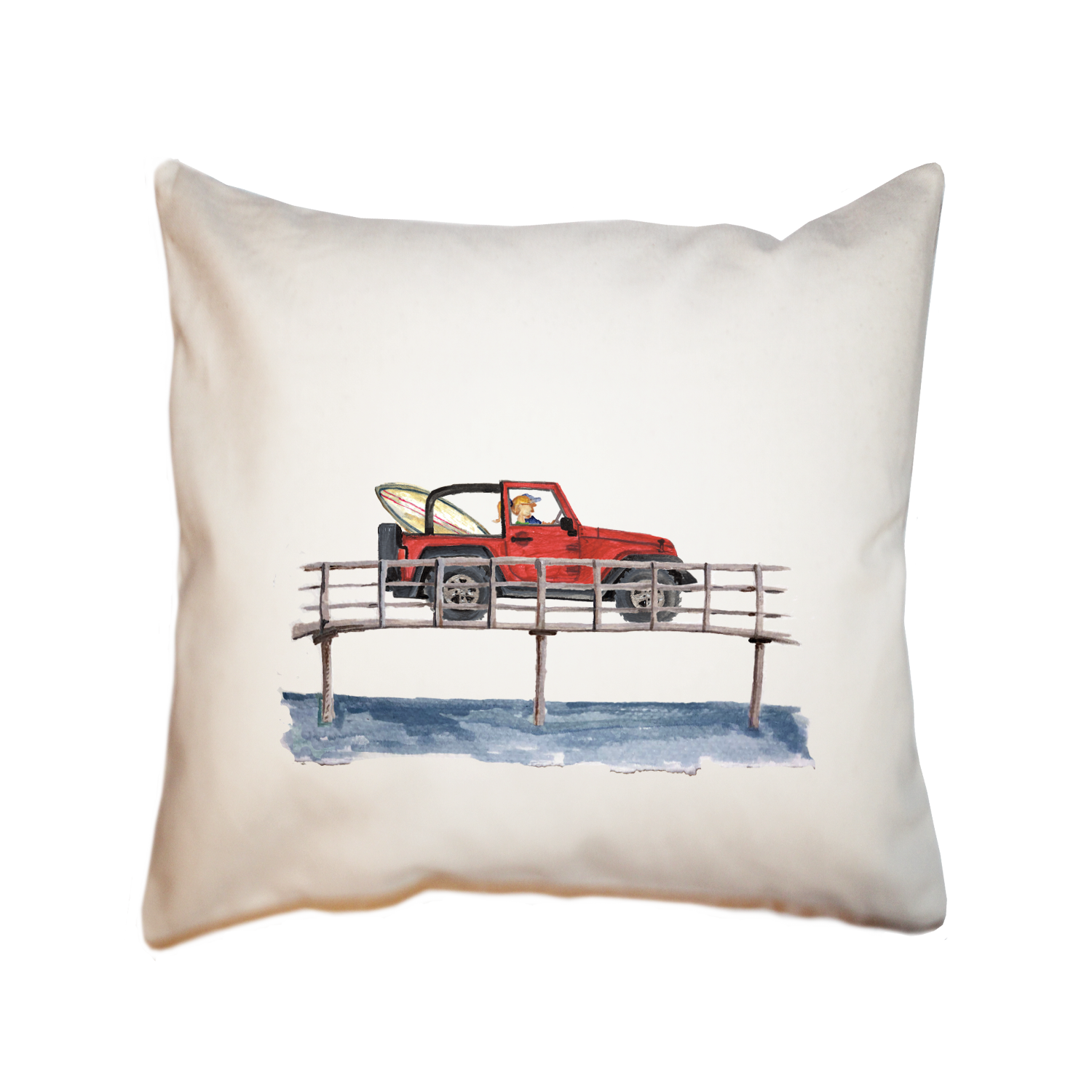 red jeep on bridge square pillow