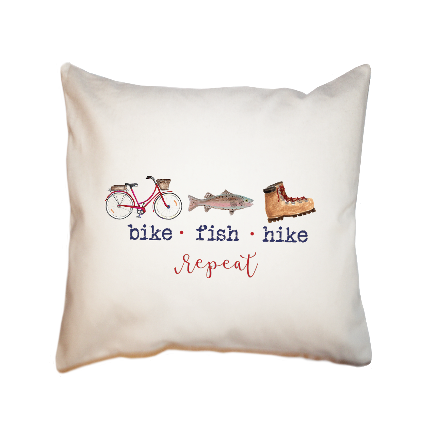 bike fish hike repeat square pillow