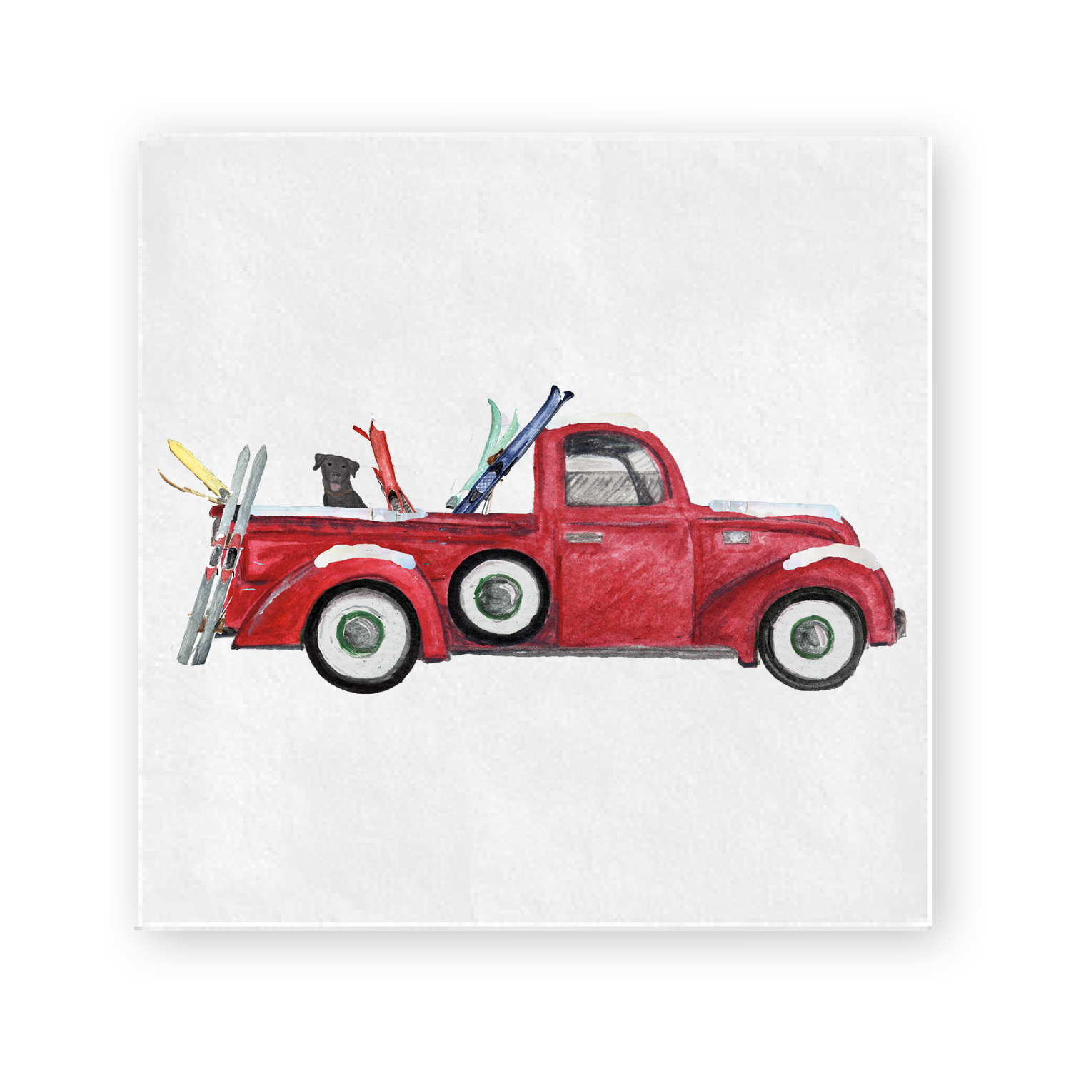red truck with skis and lab limited edition cocktail napkins