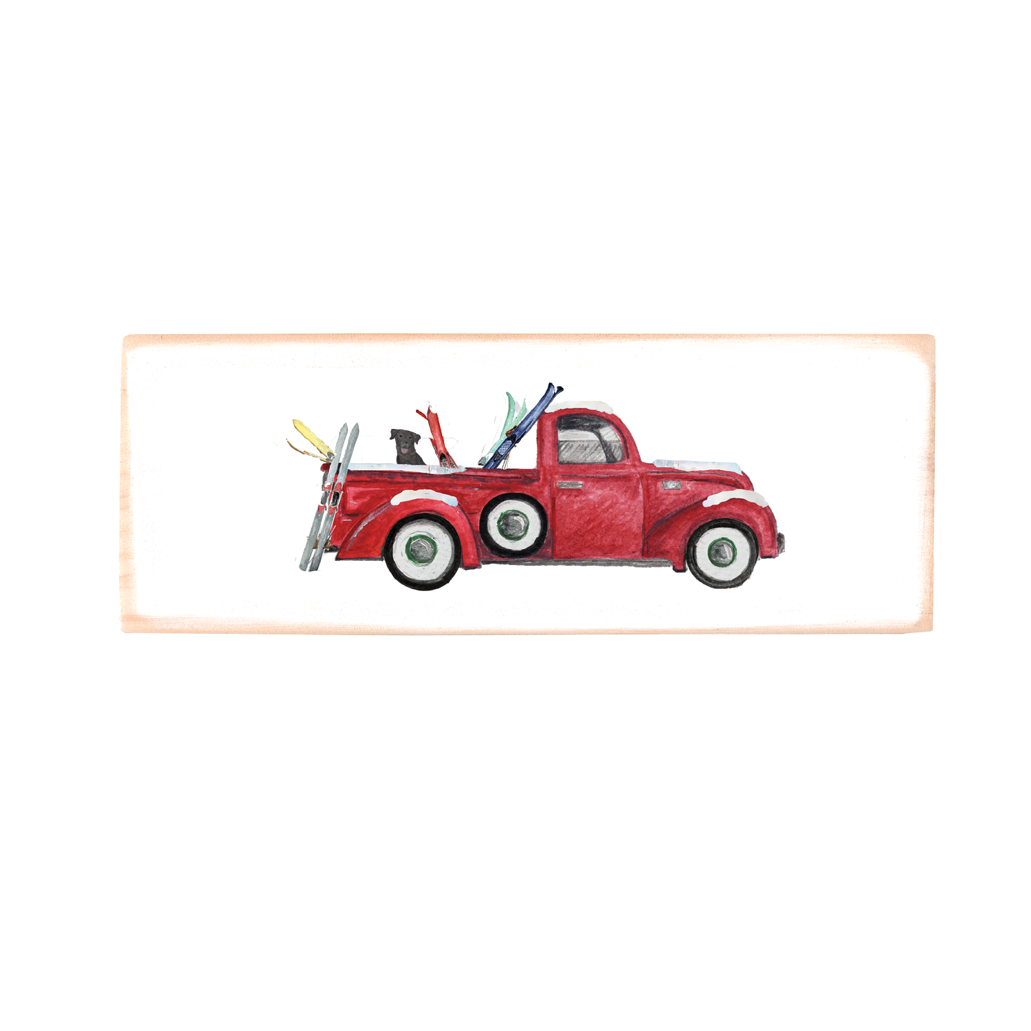 red truck with skis rectangle wood block