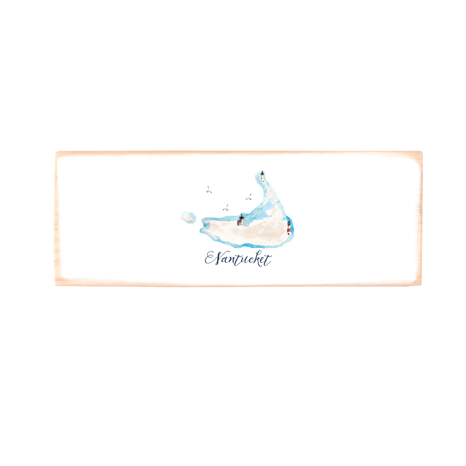 nantucket map with three lighthouses wood block rectangle