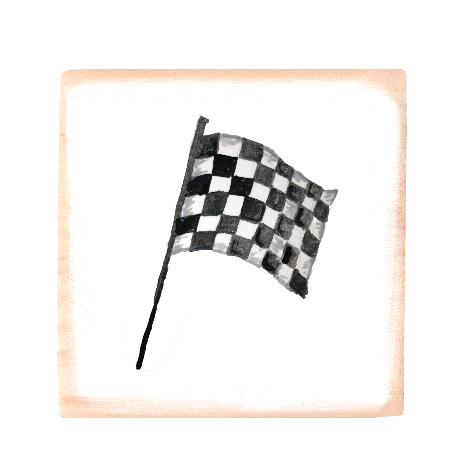 race car flag square wood block