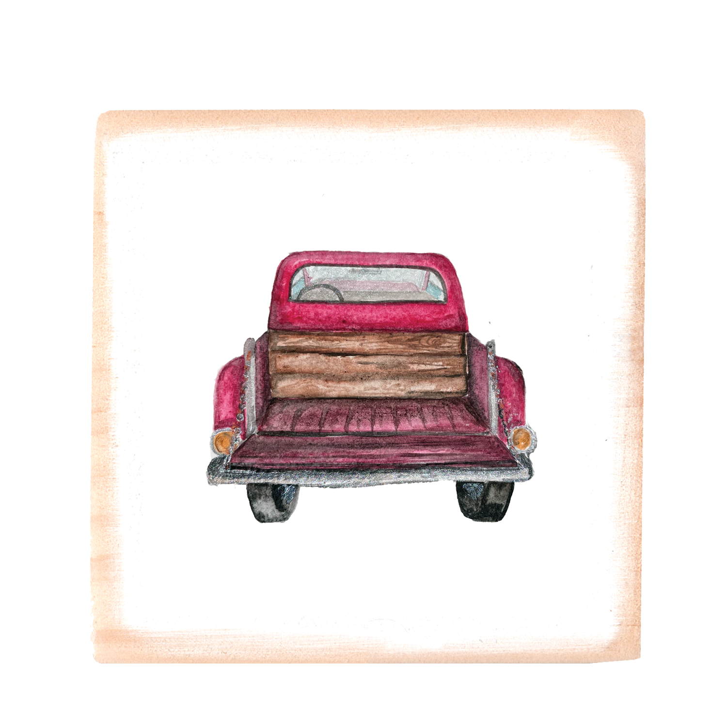 red pick up tailgate down square wood block