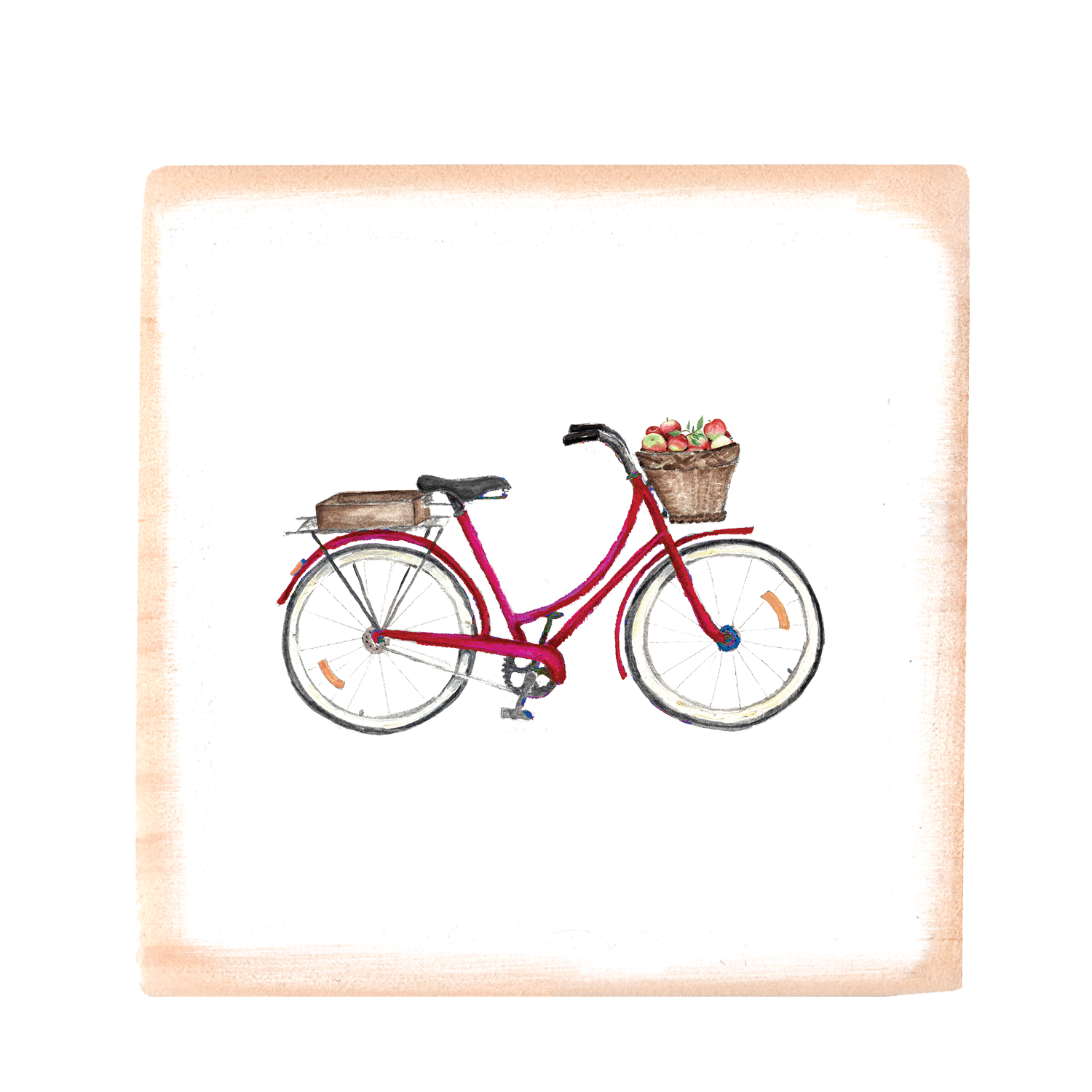 red bike with apples square wood block