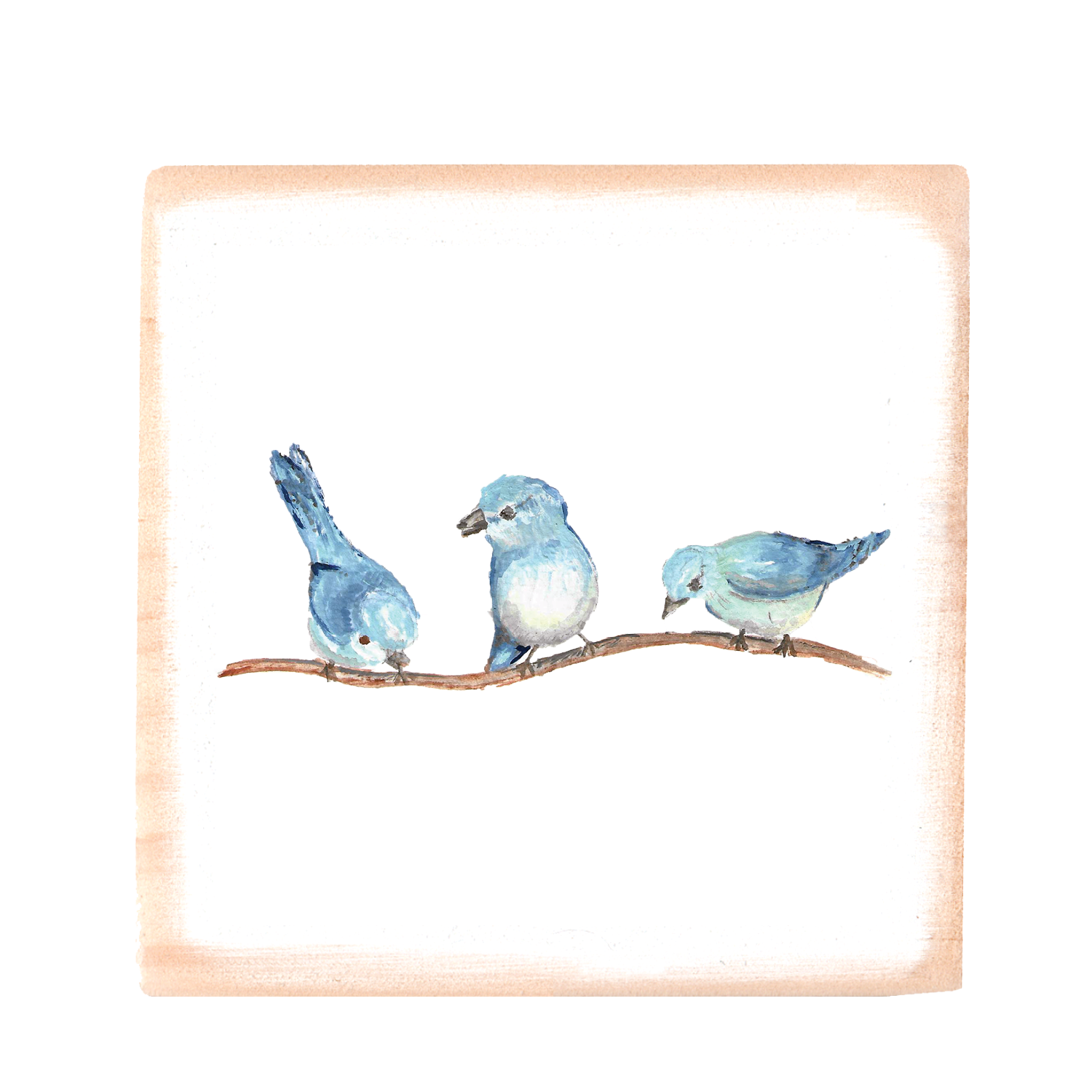three blue birds square wood block
