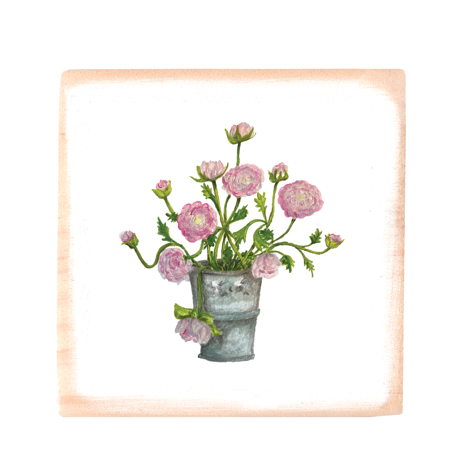 ranunculus in bucket square wood block