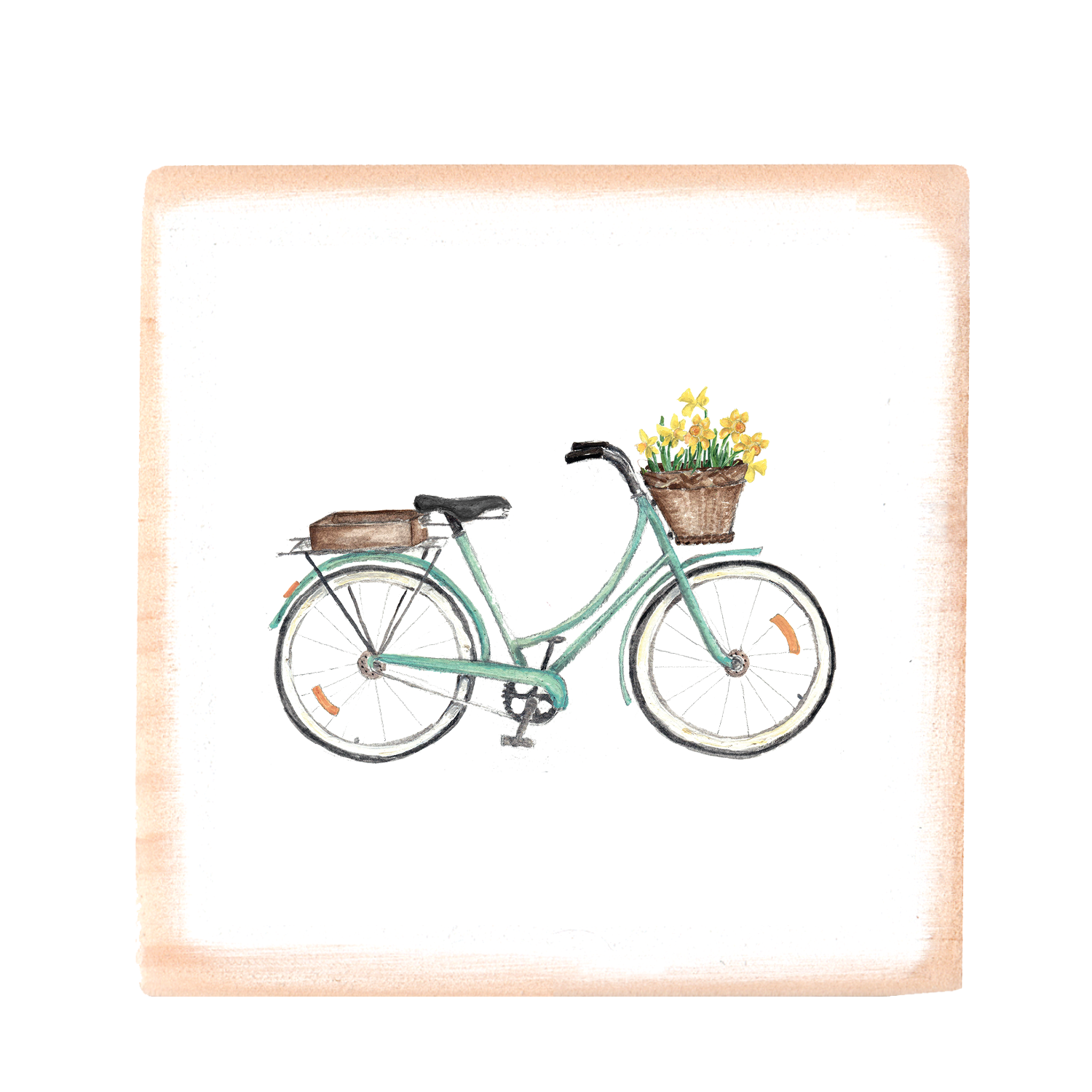 seafoam bike with daffodils in front square wood block