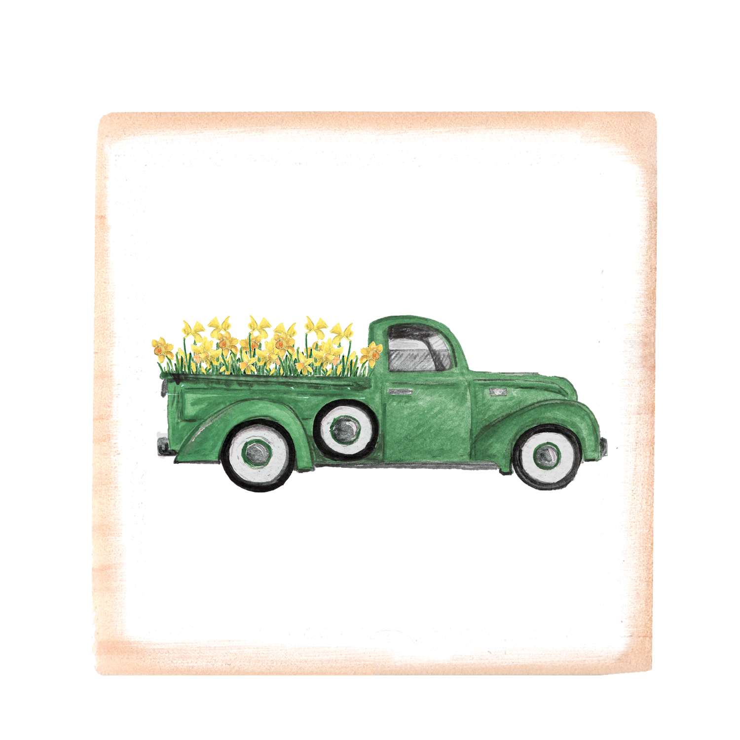 green truck with daffodils square wood block