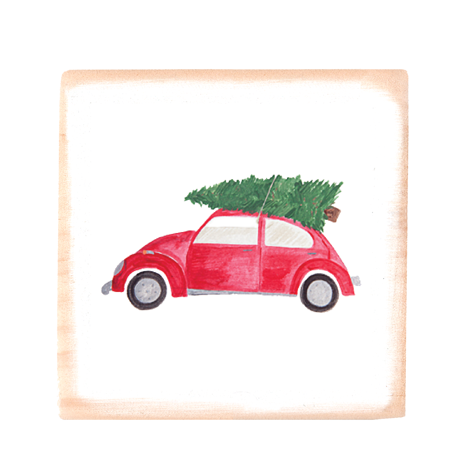 red vw with tree square wood block