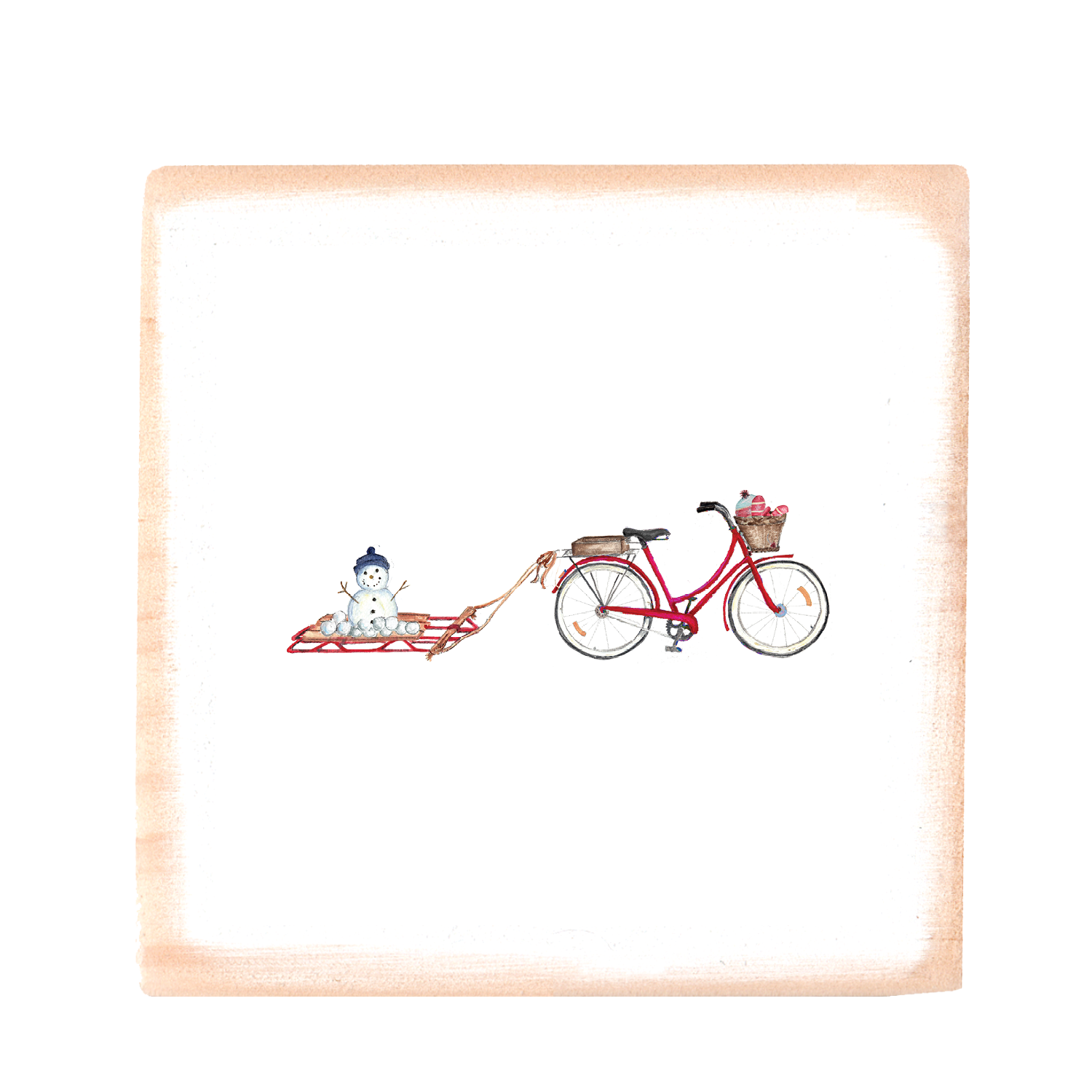 red bike with snowman on sled square wood block