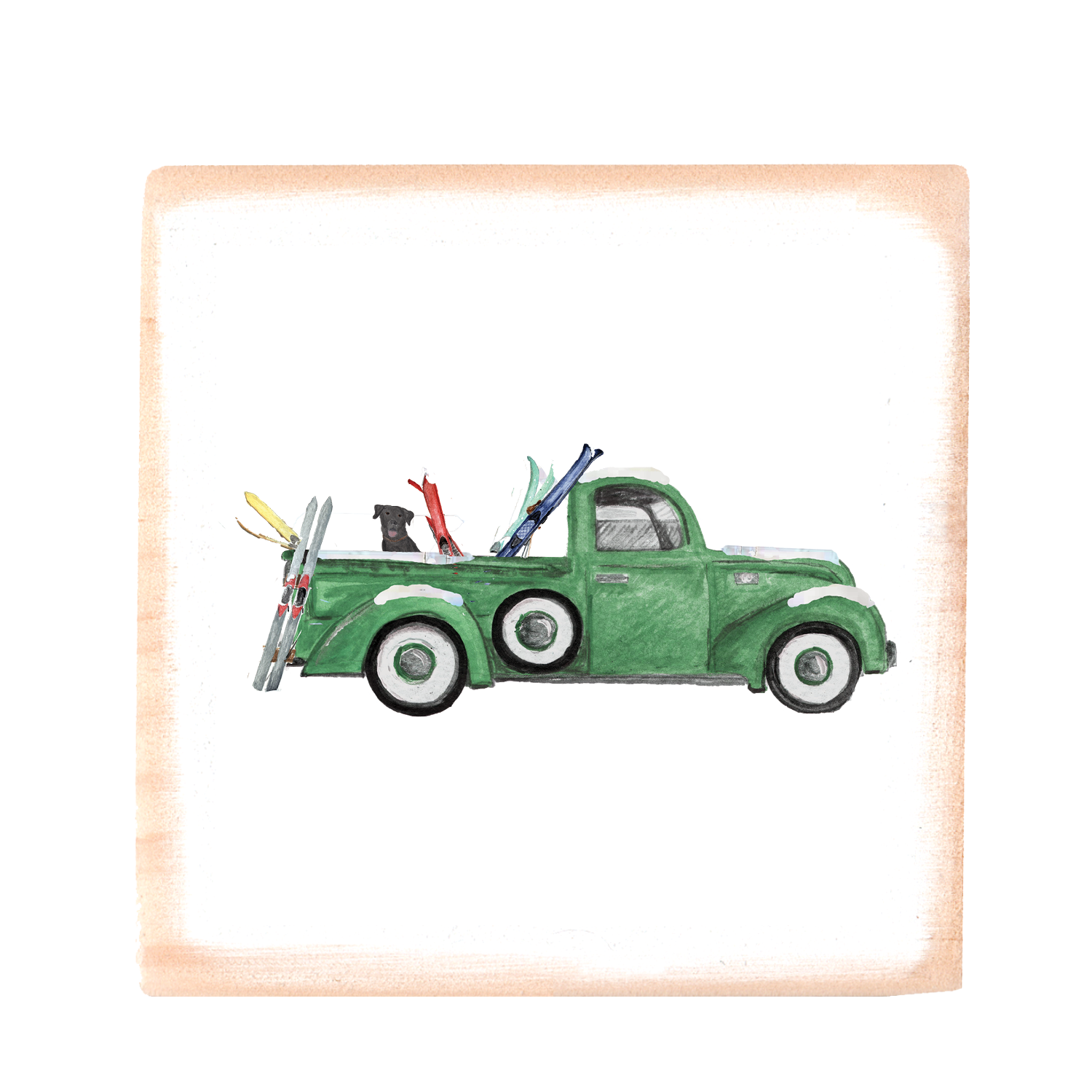 green truck with skis and lab square wood block