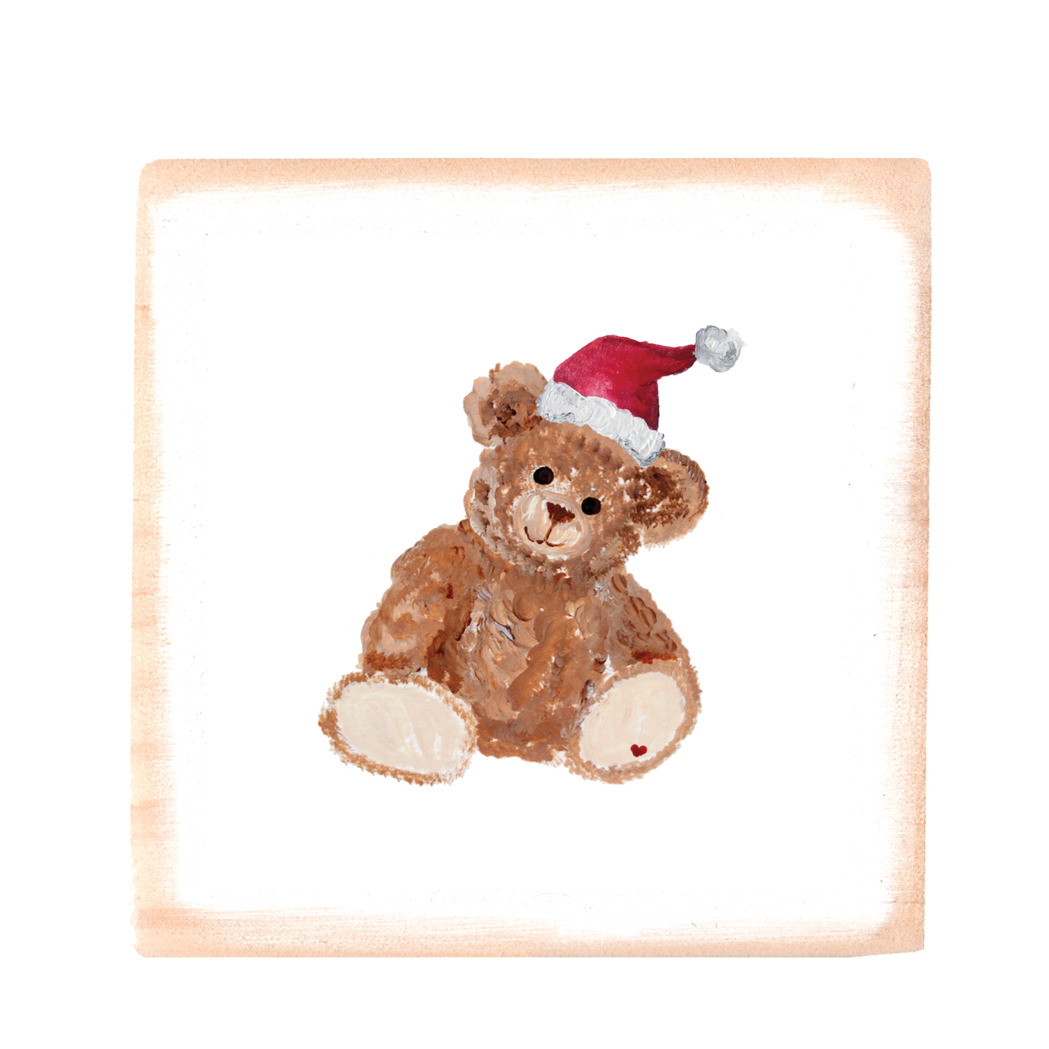 teddy in santa hat square wood block