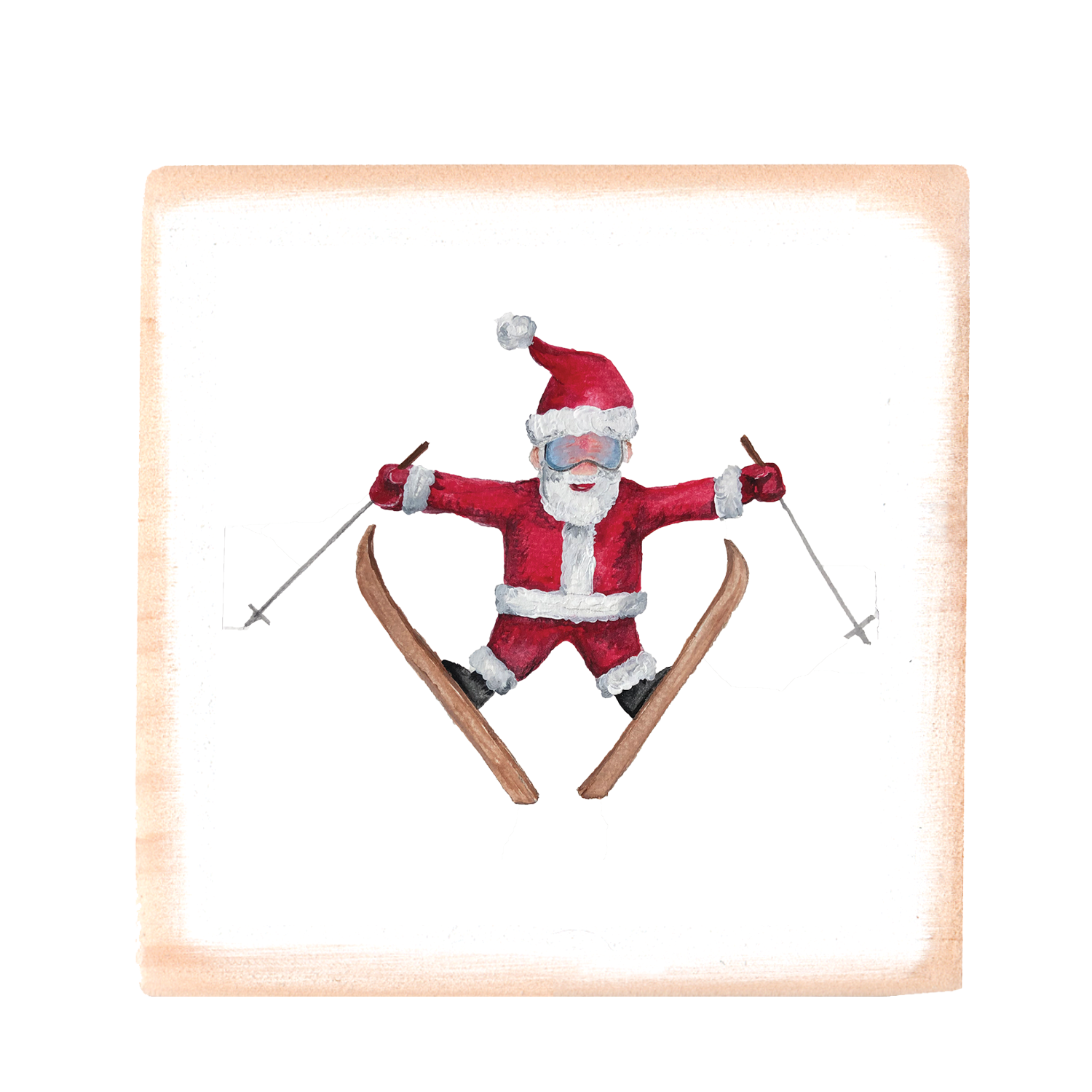 santa on skis square wood block