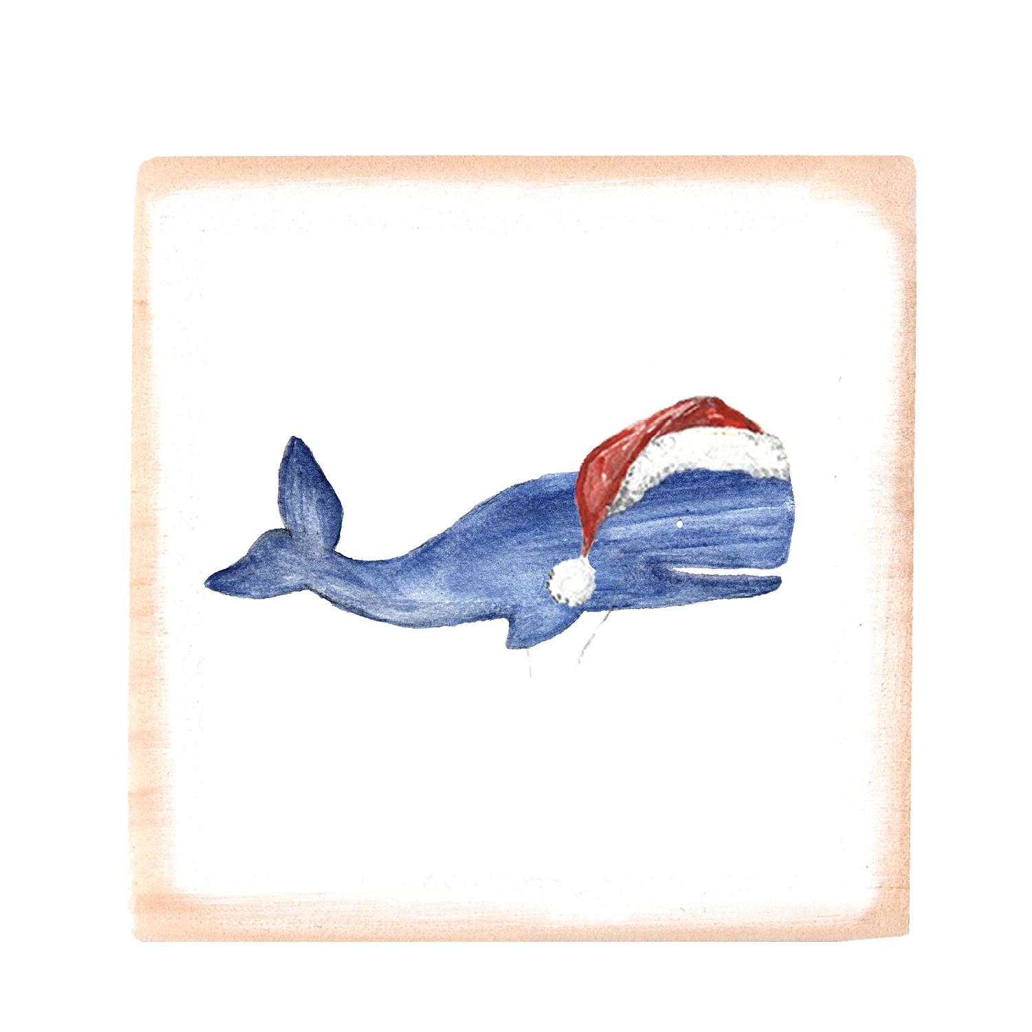 whale with santa hat square wood block