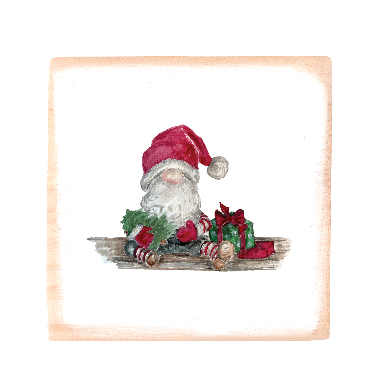 christmas gnome square wood block