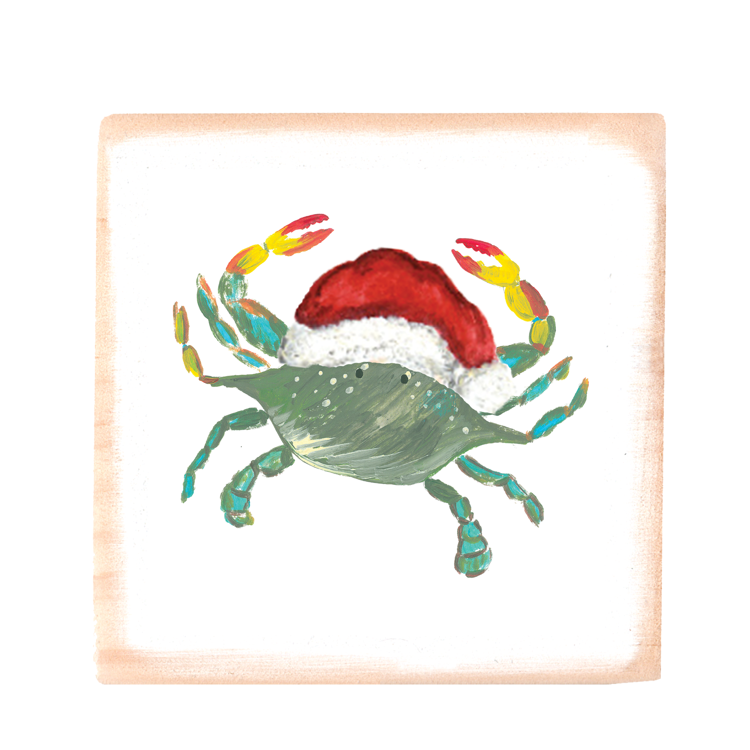 crab with santa hat square wood block