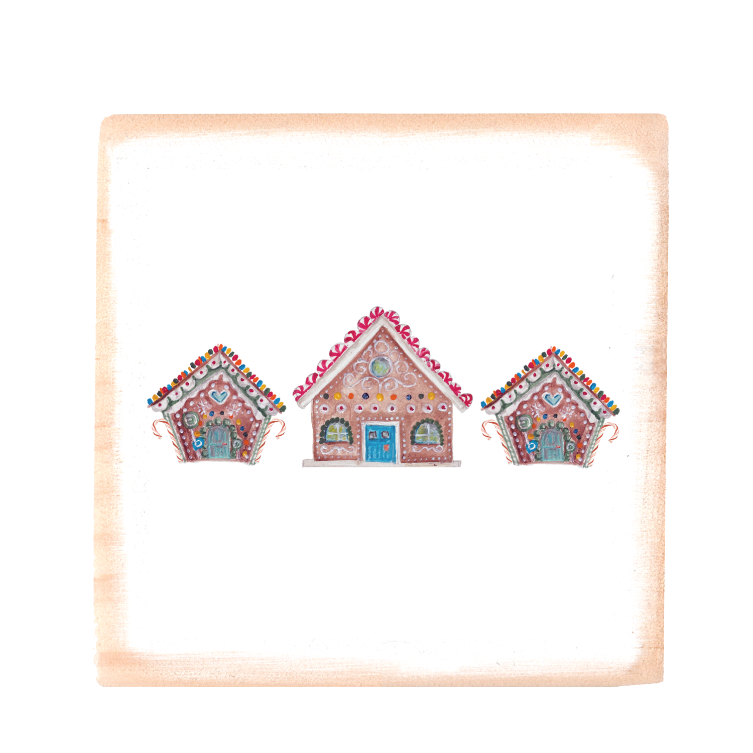 three gingerbread houses square wood block