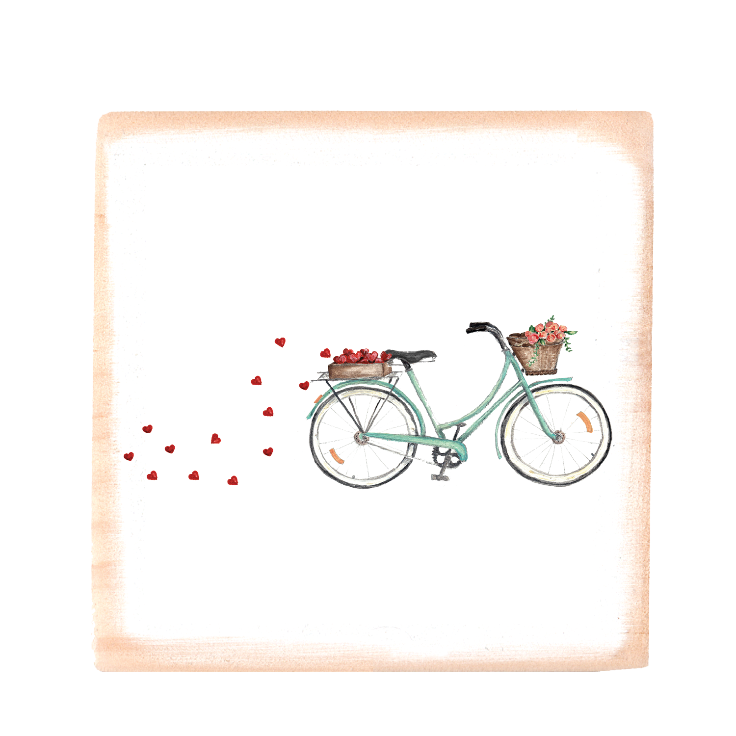 seafoam bike with hearts + roses square wood block