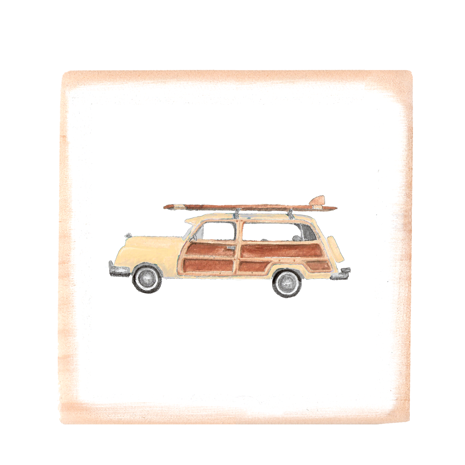 cream woody with surfboard square wood block