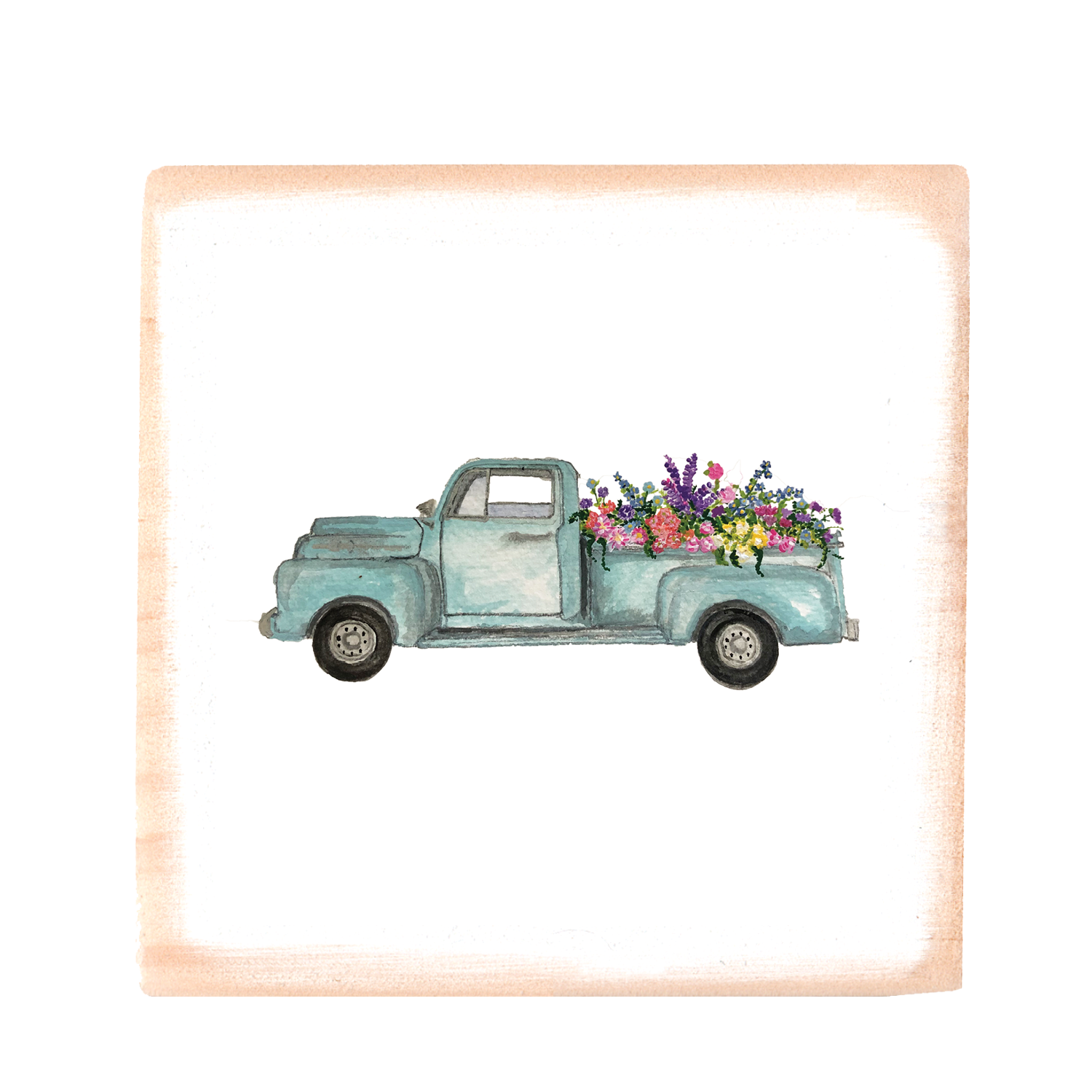 truck with flowers square wood block