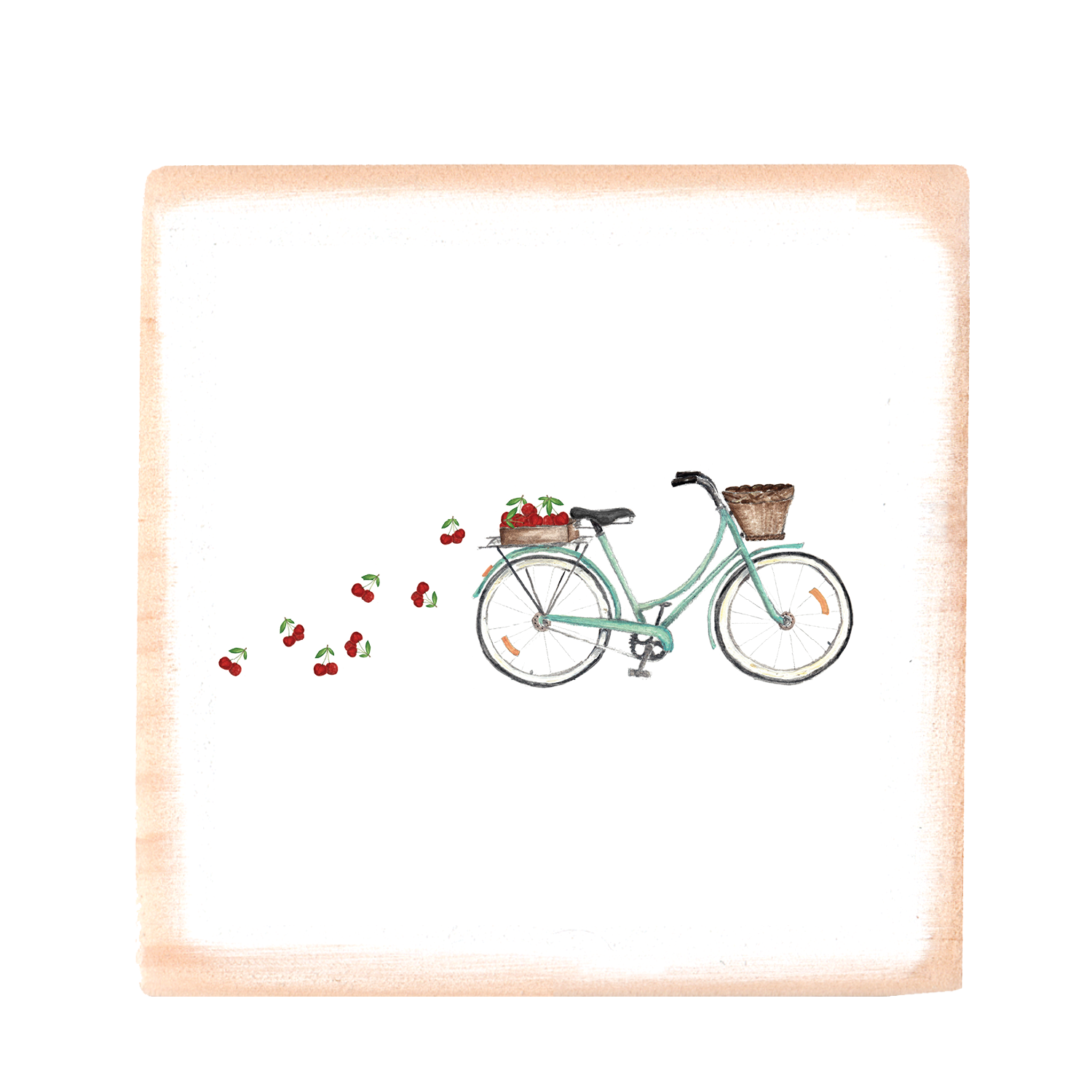 bike with cherries square wood block