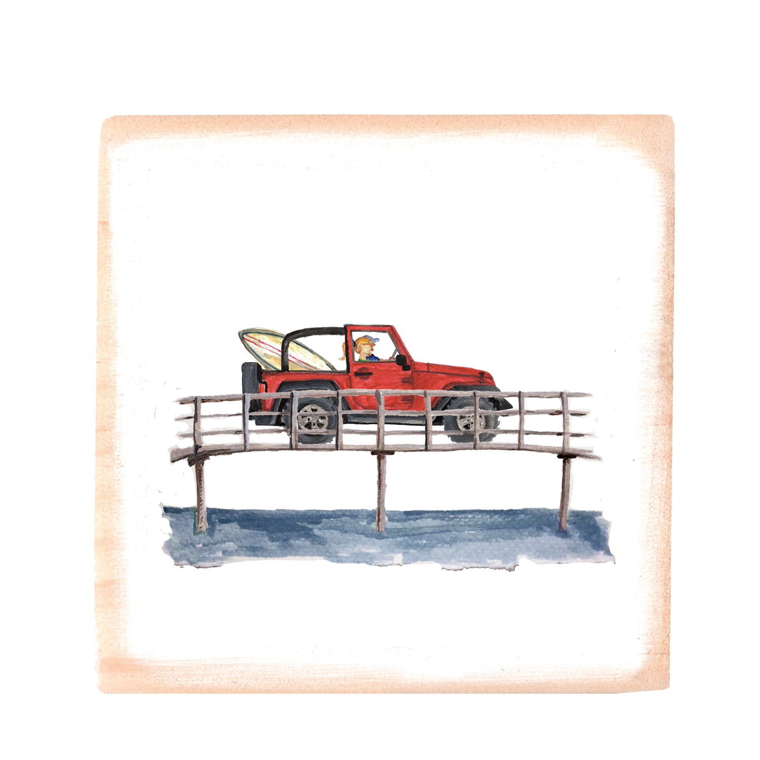 red jeep on bridge square wood block