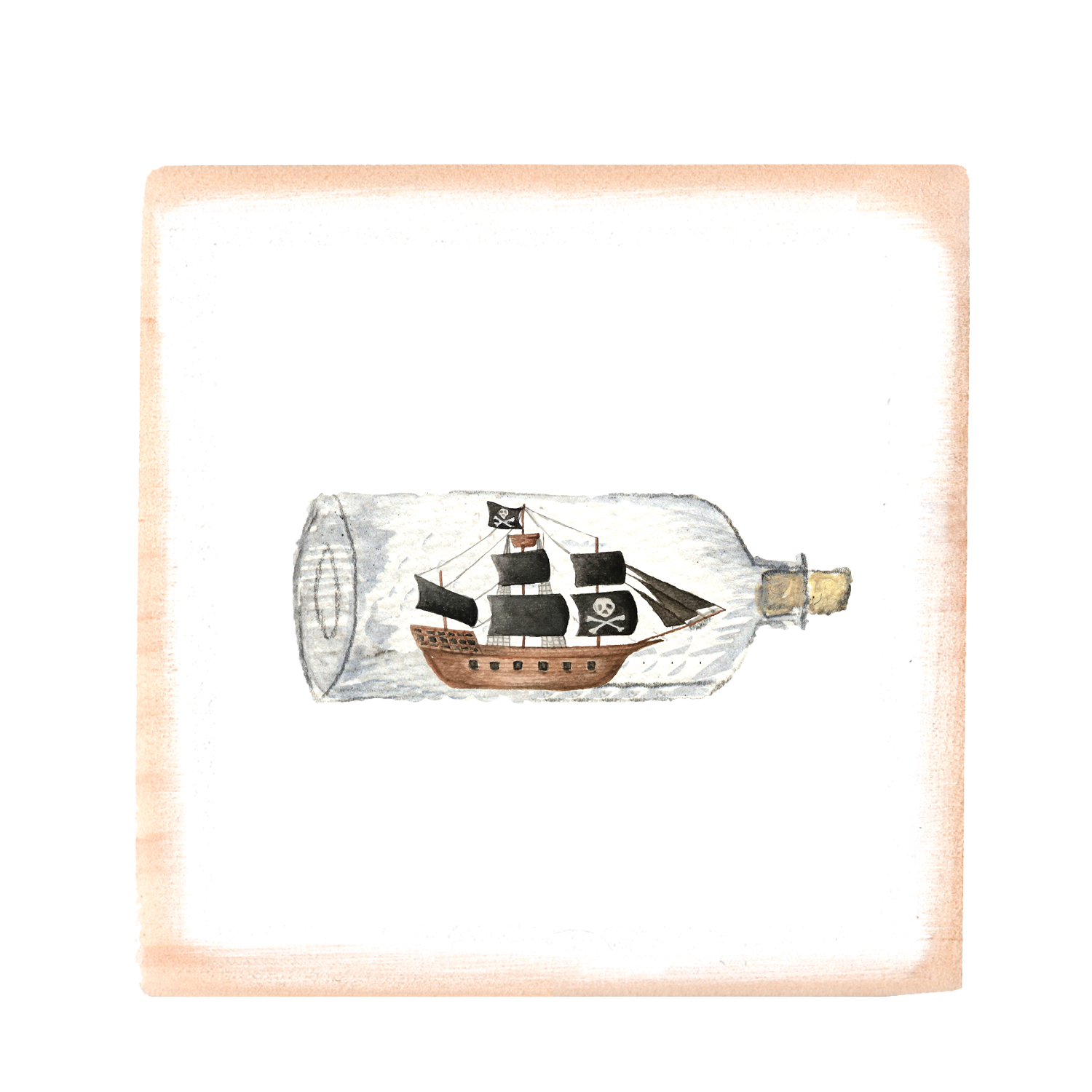 pirate ship in a bottle square wood block