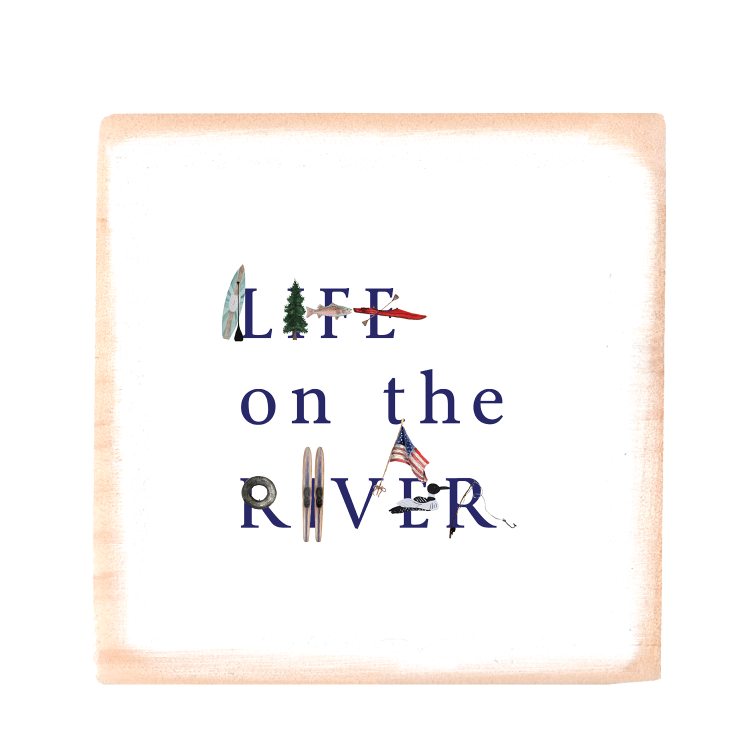 life on the river square wood block