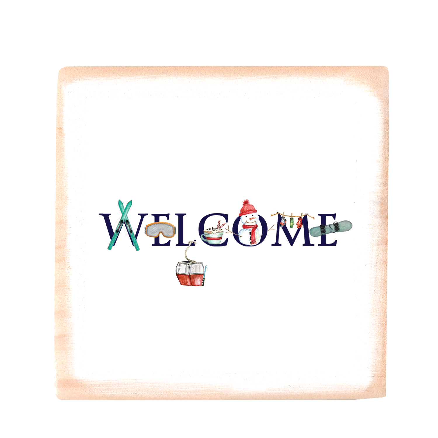 welcome ski version square wood block