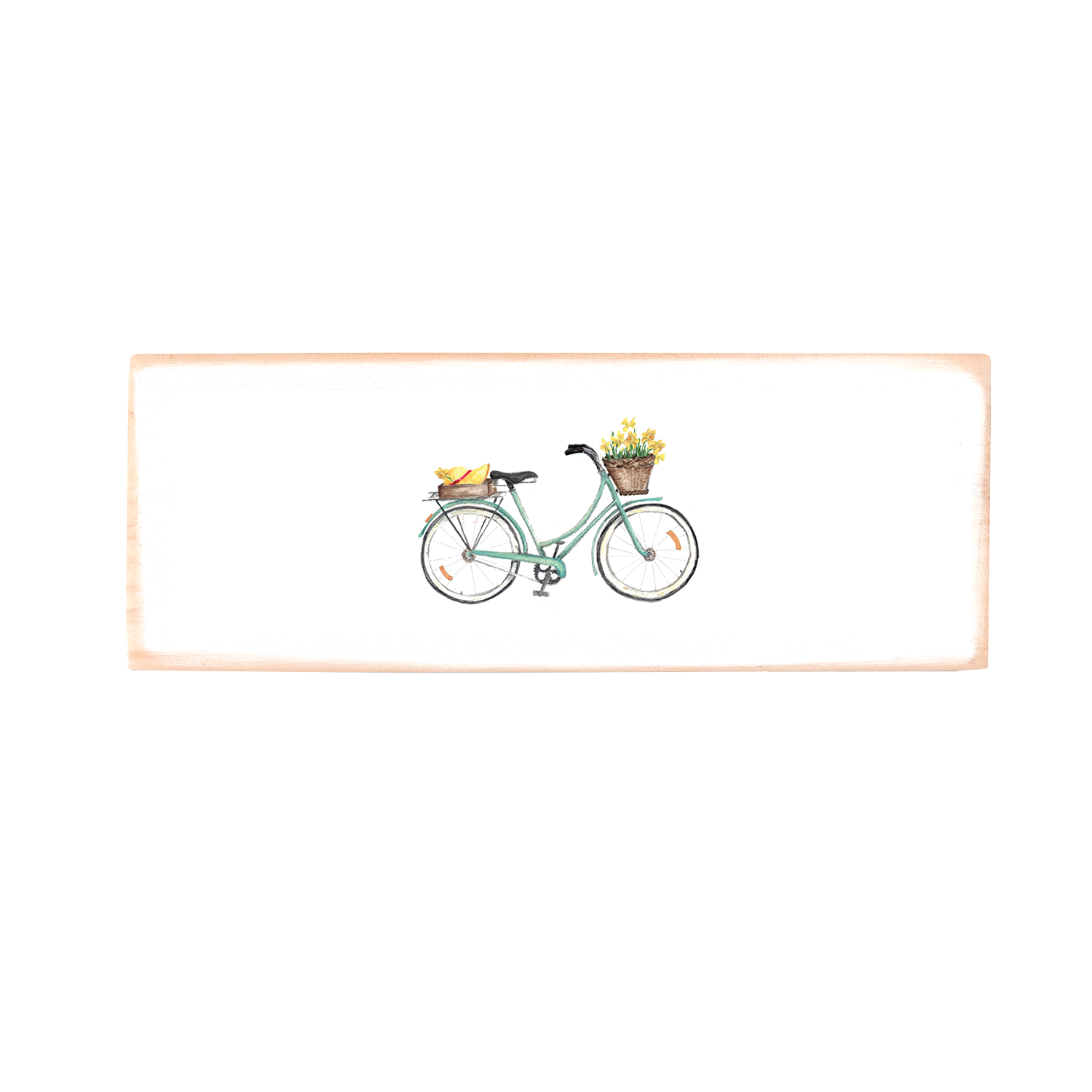 seafoam bike with daffodils and straw hat rectangle wood block