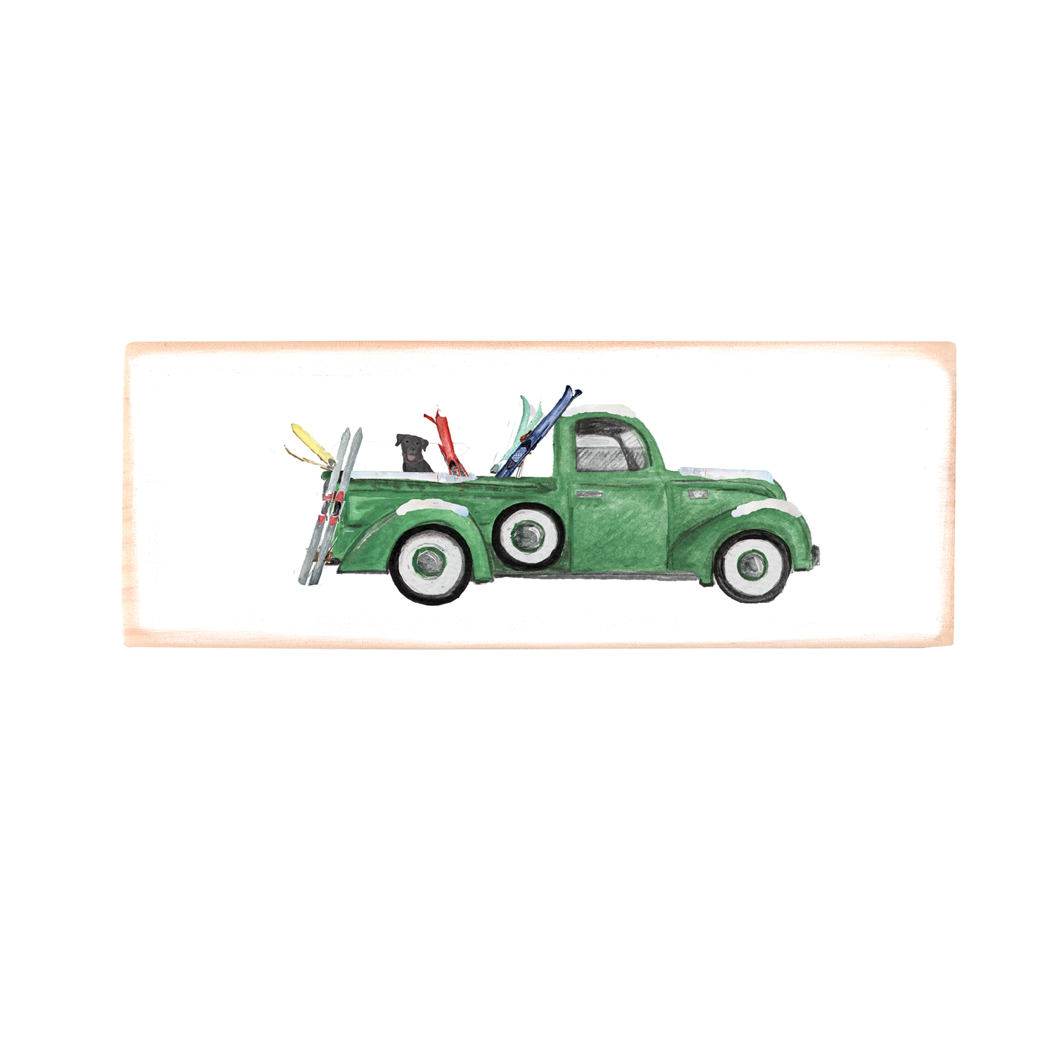 green truck with skis and lab rectangle wood block