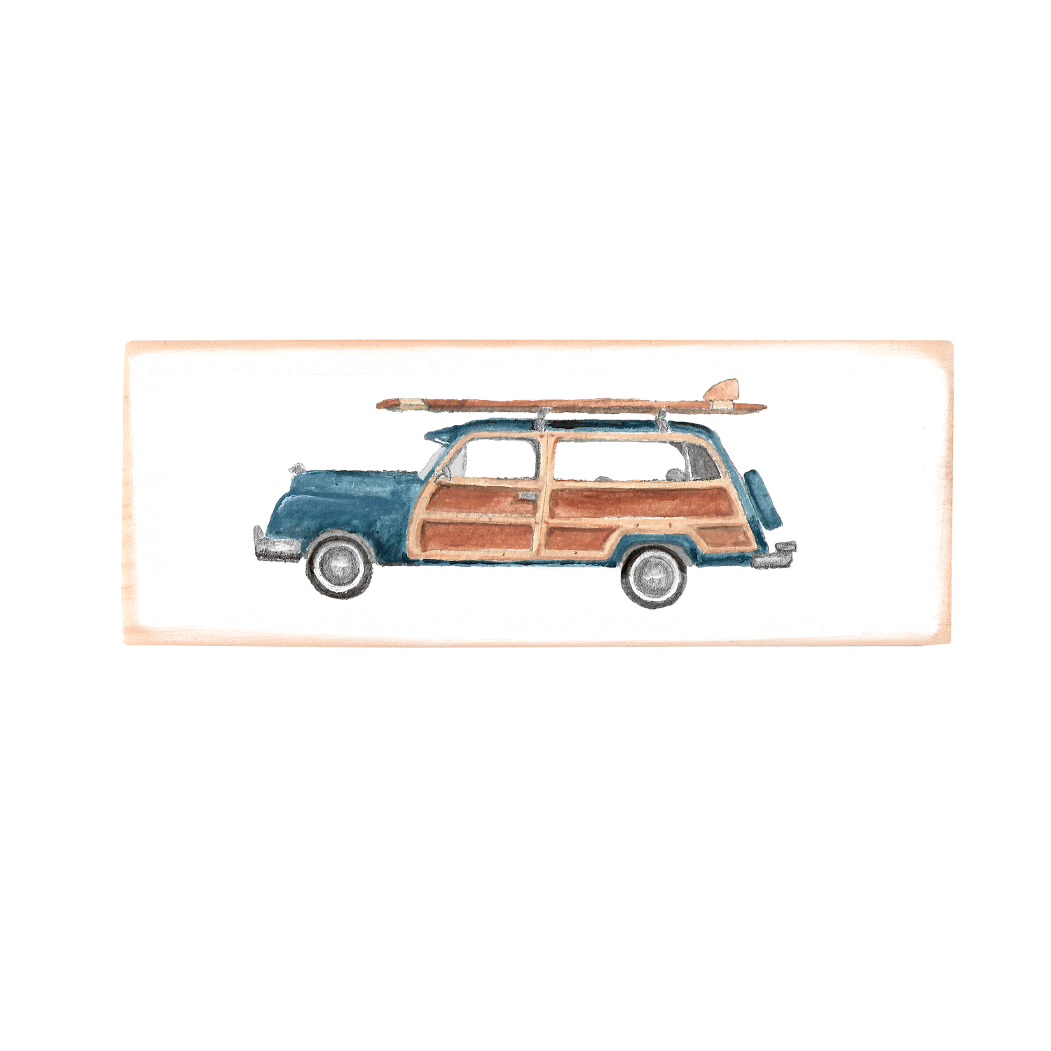 blue woody with surfboard rectangle wood block