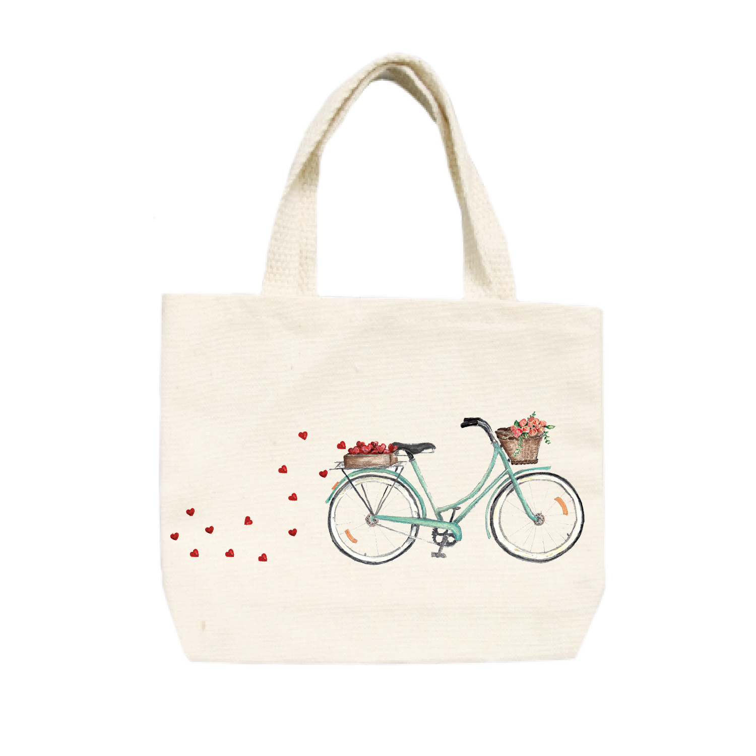 seafoam bike with hearts + roses small tote