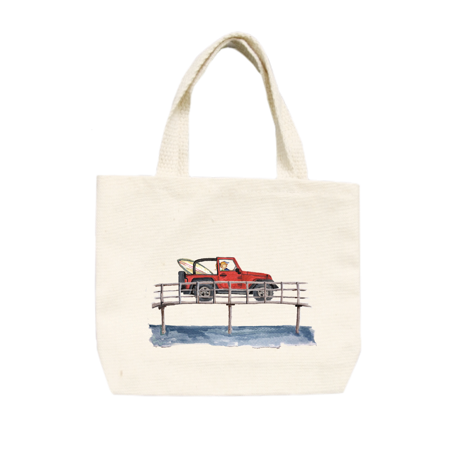 red jeep on bridge small tote