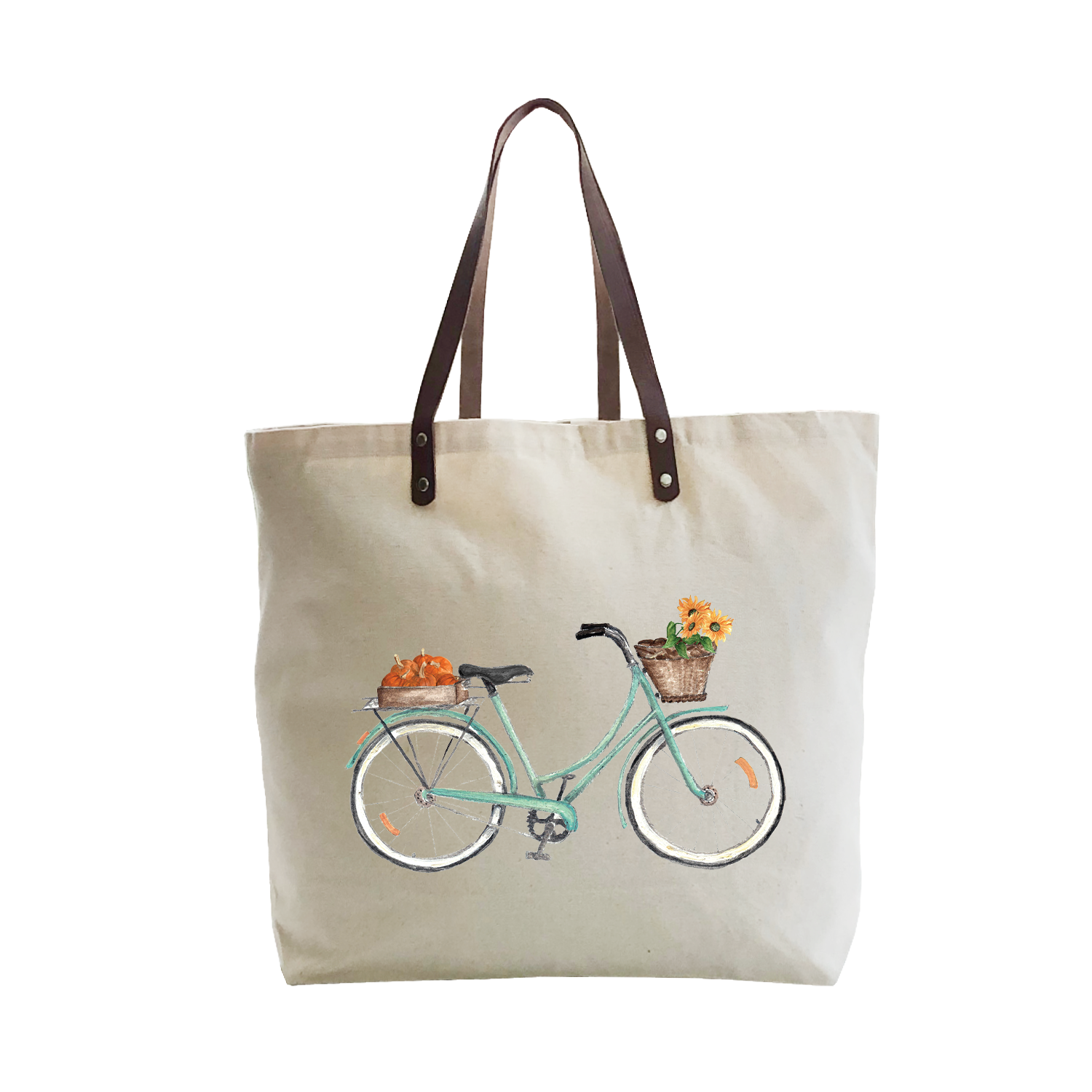 bike with pumpkins and sunflowers large tote