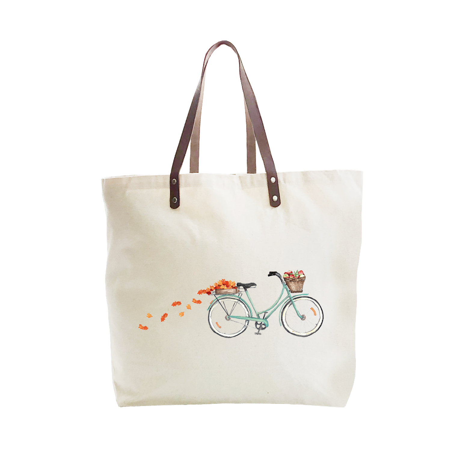 bike with apples and leaves large tote