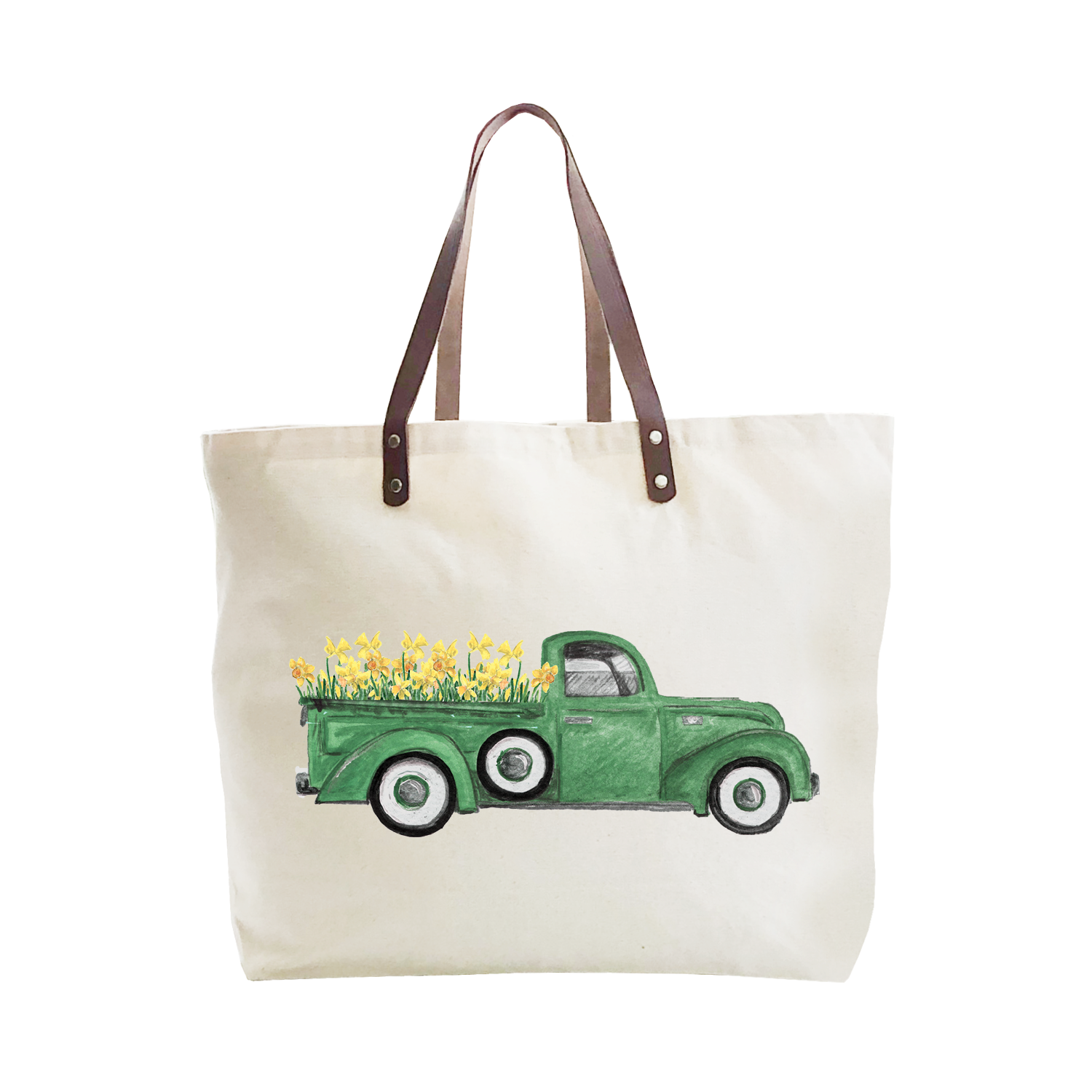 green truck with daffodils large tote