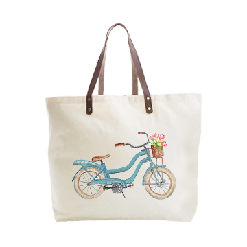 light blue beach bike with tulips large tote