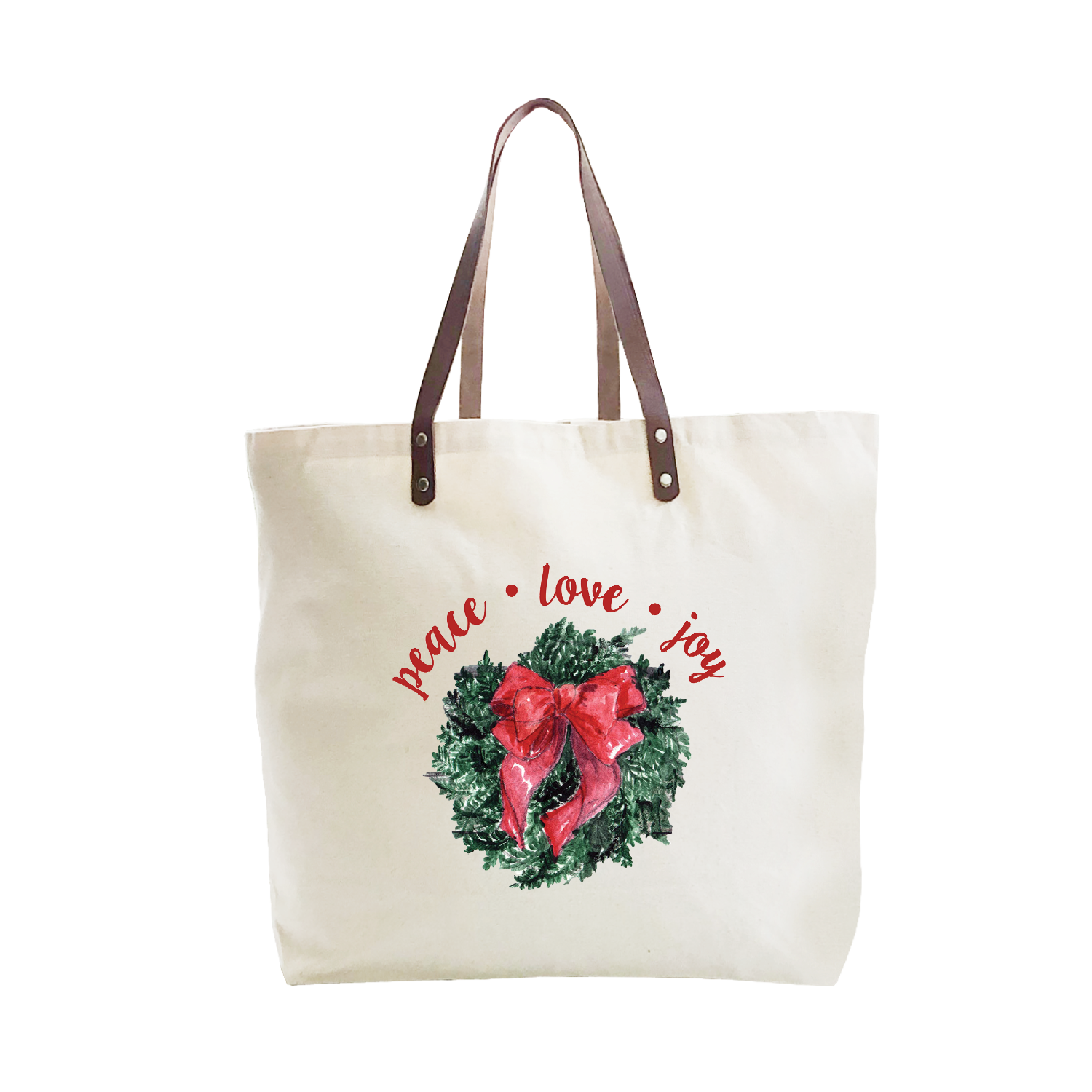 wreath with bow peace love joy italics large tote